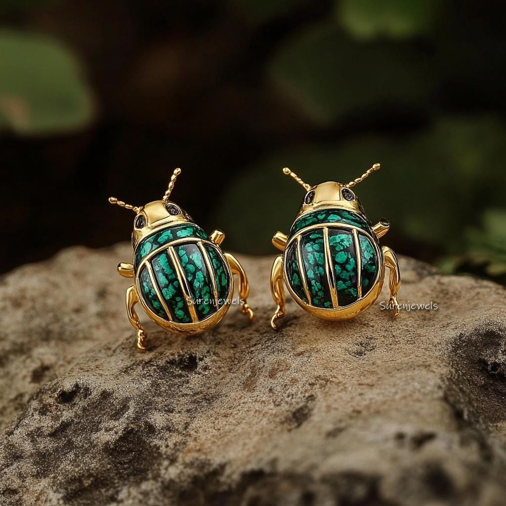 14K Gold Scarab Studs: Hand Carved Egyptian Beetle Earrings - View 7 - Suren Jewels | SKU: SJE1785-SLYGMK-12M,SJE1841-SLRGLB- 14K Gold Scarab Studs: Hand Carved Egyptian Beetle Earrings - View 7 - Suren Jewels | SKU: SJE1785-SLYGMK-12M,SJE1841-SLRGLB-