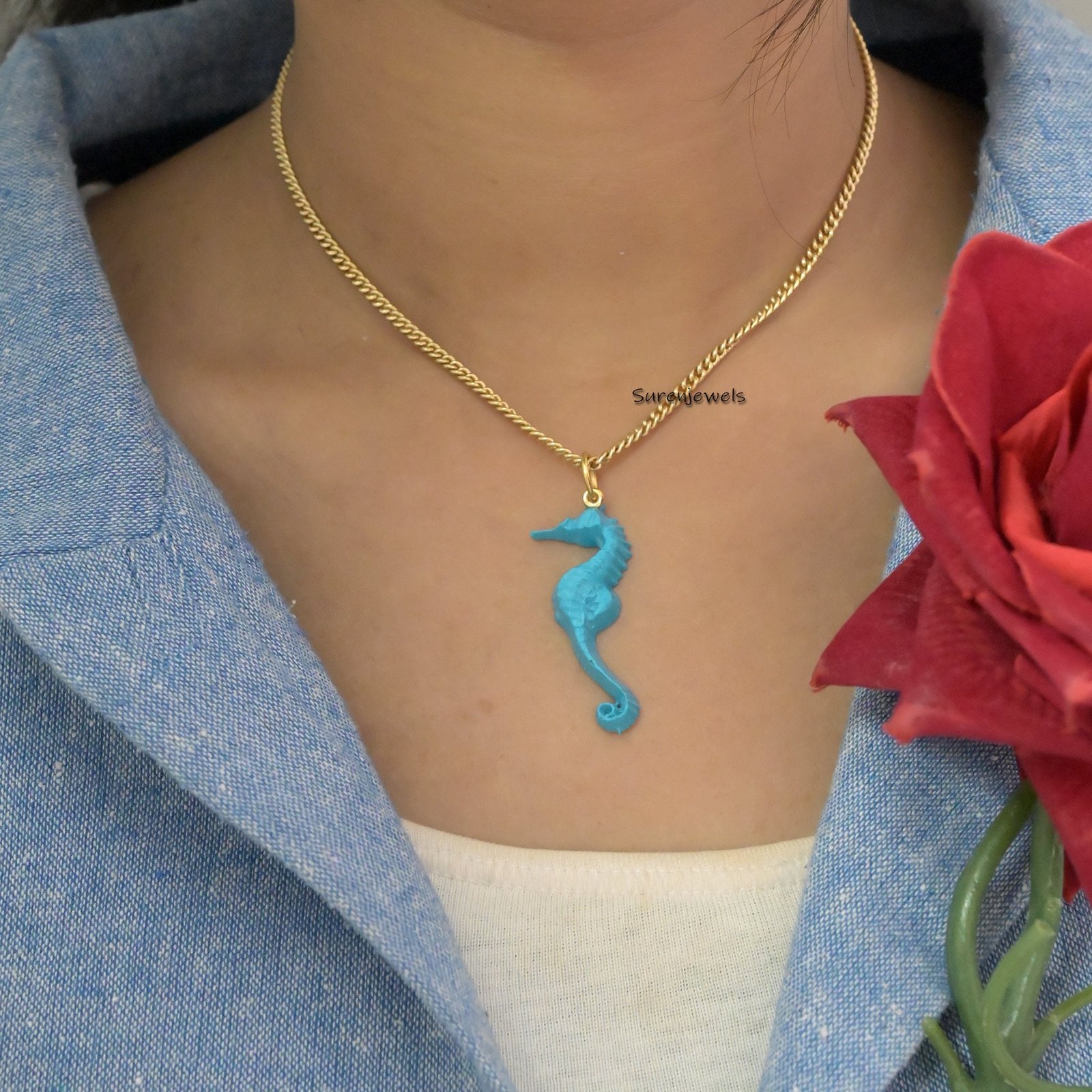 14k Gold Seahorse Pendant, Gemstone Larimar Jewelry - View 6 - Suren Jewels | SKU: SJP1667 14k Gold Seahorse Pendant, Gemstone Larimar Jewelry - View 6 - Suren Jewels | SKU: SJP1667
