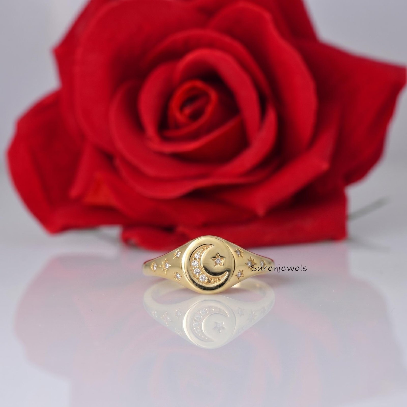 14K Gold Signet Celestial Moon Star Ring, Diamond Signet Celestial Ring, Gemstone Star Moon Ring, Diamond Star Ring, Designer 14K Gold Signet Celestial Moon Star Ring, Diamond Signet Celestial Ring, Gemstone Star Moon Ring, Diamond Star Ring, Designer