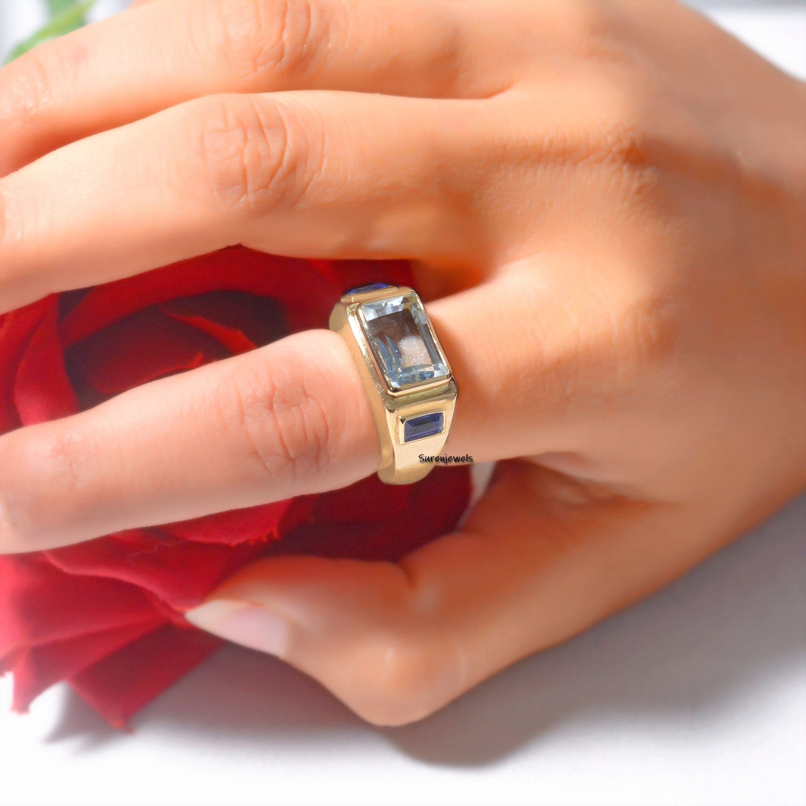 14k Gold Signet Ring: Aqua Quartz & Blue Sapphire Gemstone - Suren Jewels | SKU: SJR899 -14KYBSPAQ-US-4 14k Gold Signet Ring: Aqua Quartz & Blue Sapphire Gemstone - Suren Jewels | SKU: SJR899 -14KYBSPAQ-US-4