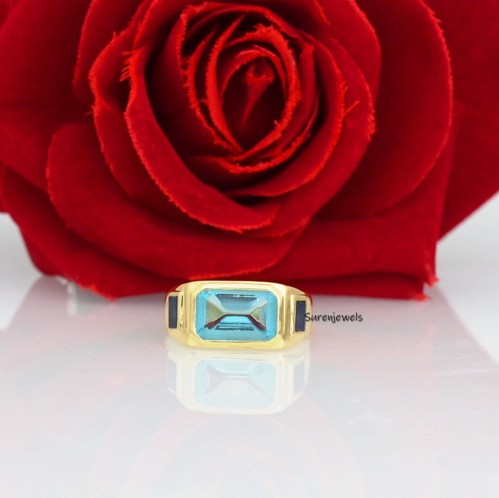 14k Gold Signet Ring: Aqua Quartz & Blue Sapphire Gemstone - View 2 - Suren Jewels | SKU: SJR899 -14KYBSPAQ-US-4 14k Gold Signet Ring: Aqua Quartz & Blue Sapphire Gemstone - View 2 - Suren Jewels | SKU: SJR899 -14KYBSPAQ-US-4