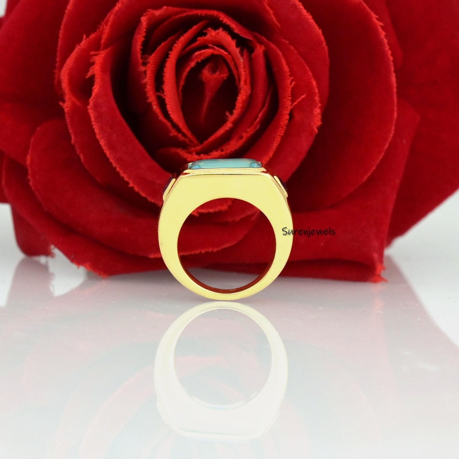 14k Gold Signet Ring: Aqua Quartz & Blue Sapphire Gemstone - View 3 - Suren Jewels | SKU: SJR899 -14KYBSPAQ-US-4 14k Gold Signet Ring: Aqua Quartz & Blue Sapphire Gemstone - View 3 - Suren Jewels | SKU: SJR899 -14KYBSPAQ-US-4