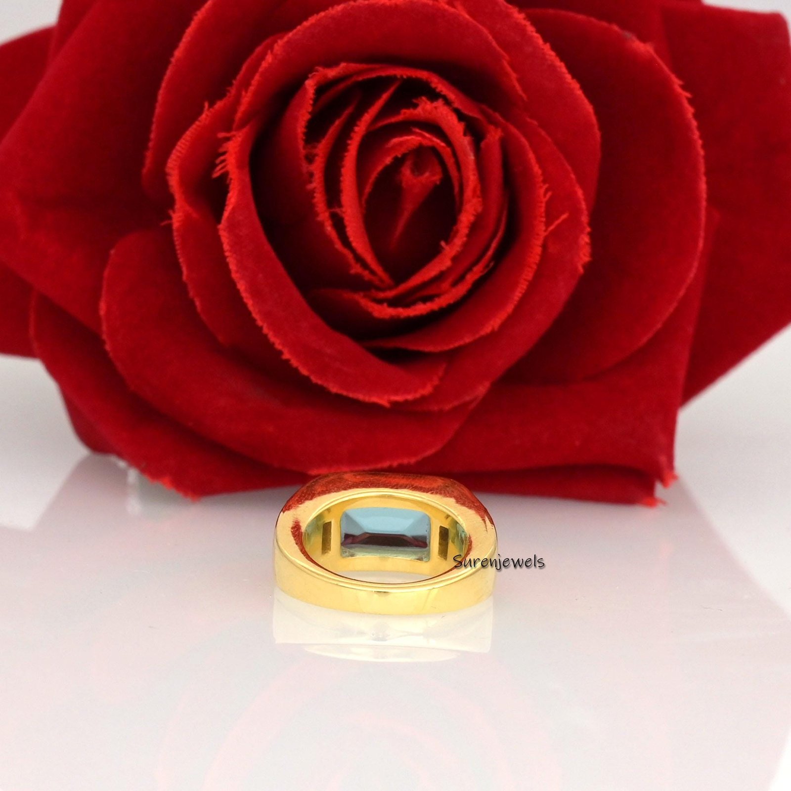 14k Gold Signet Ring: Aqua Quartz & Blue Sapphire Gemstone - View 4 - Suren Jewels | SKU: SJR899 -14KYBSPAQ-US-4 14k Gold Signet Ring: Aqua Quartz & Blue Sapphire Gemstone - View 4 - Suren Jewels | SKU: SJR899 -14KYBSPAQ-US-4