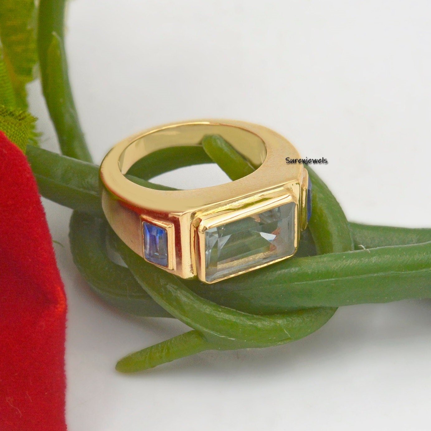 14k Gold Signet Ring: Aqua Quartz & Blue Sapphire Gemstone - View 5 - Suren Jewels | SKU: SJR899 -14KYBSPAQ-US-4 14k Gold Signet Ring: Aqua Quartz & Blue Sapphire Gemstone - View 5 - Suren Jewels | SKU: SJR899 -14KYBSPAQ-US-4