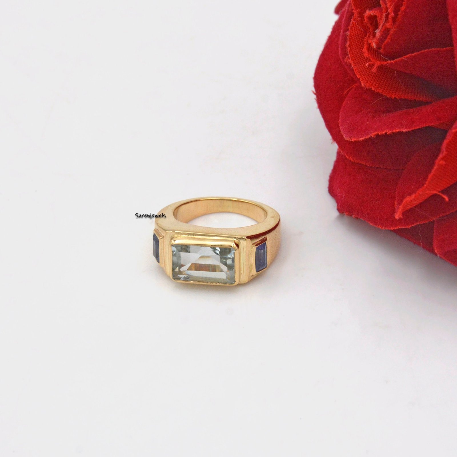 14k Gold Signet Ring: Aqua Quartz & Blue Sapphire Gemstone - View 6 - Suren Jewels | SKU: SJR899 -14KYBSPAQ-US-4 14k Gold Signet Ring: Aqua Quartz & Blue Sapphire Gemstone - View 6 - Suren Jewels | SKU: SJR899 -14KYBSPAQ-US-4