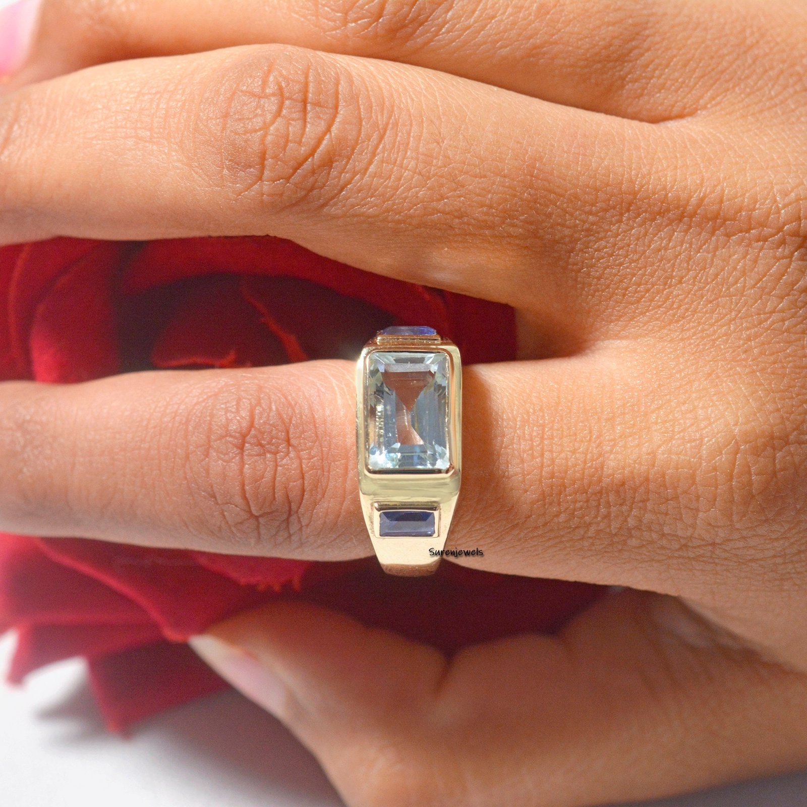 14k Gold Signet Ring: Aqua Quartz & Blue Sapphire Gemstone - View 7 - Suren Jewels | SKU: SJR899 -14KYBSPAQ-US-4 14k Gold Signet Ring: Aqua Quartz & Blue Sapphire Gemstone - View 7 - Suren Jewels | SKU: SJR899 -14KYBSPAQ-US-4