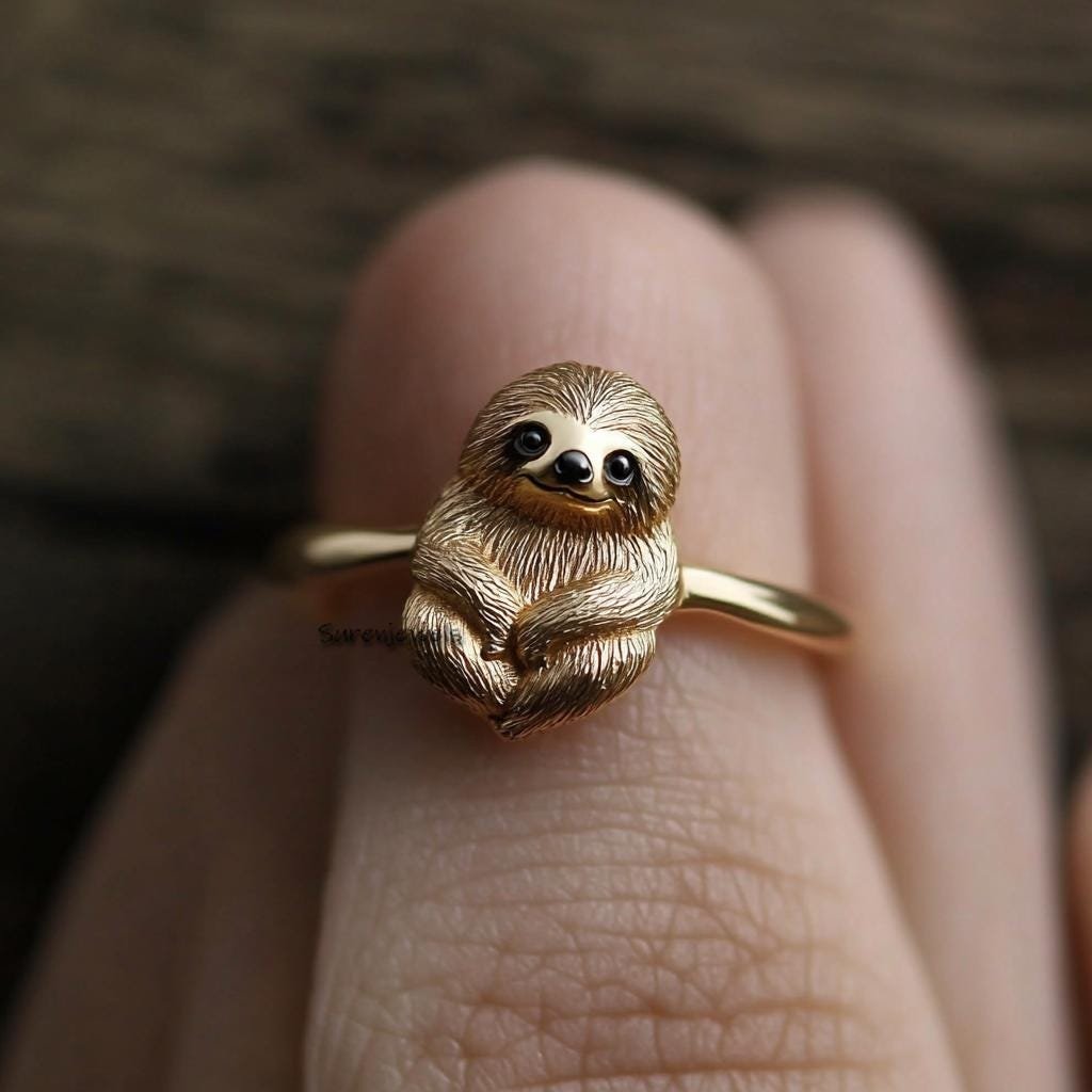14k Gold Sloth Ring: Dainty Animal Jewelry - Suren Jewels | SKU: SJR2979-SLWGBKCZ-US-5,SJR2888-SLYGBKCZELBK-US-10 14k Gold Sloth Ring: Dainty Animal Jewelry - Suren Jewels | SKU: SJR2979-SLWGBKCZ-US-5,SJR2888-SLYGBKCZELBK-US-10