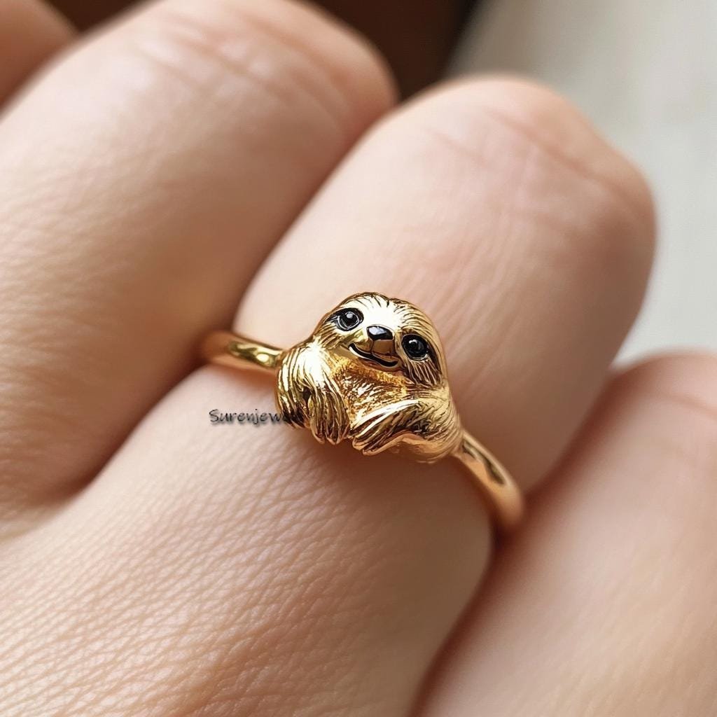 14k Gold Sloth Ring: Dainty Animal Jewelry - View 4 - Suren Jewels | SKU: SJR2979-SLWGBKCZ-US-5,SJR2888-SLYGBKCZELBK-US-10 14k Gold Sloth Ring: Dainty Animal Jewelry - View 4 - Suren Jewels | SKU: SJR2979-SLWGBKCZ-US-5,SJR2888-SLYGBKCZELBK-US-10