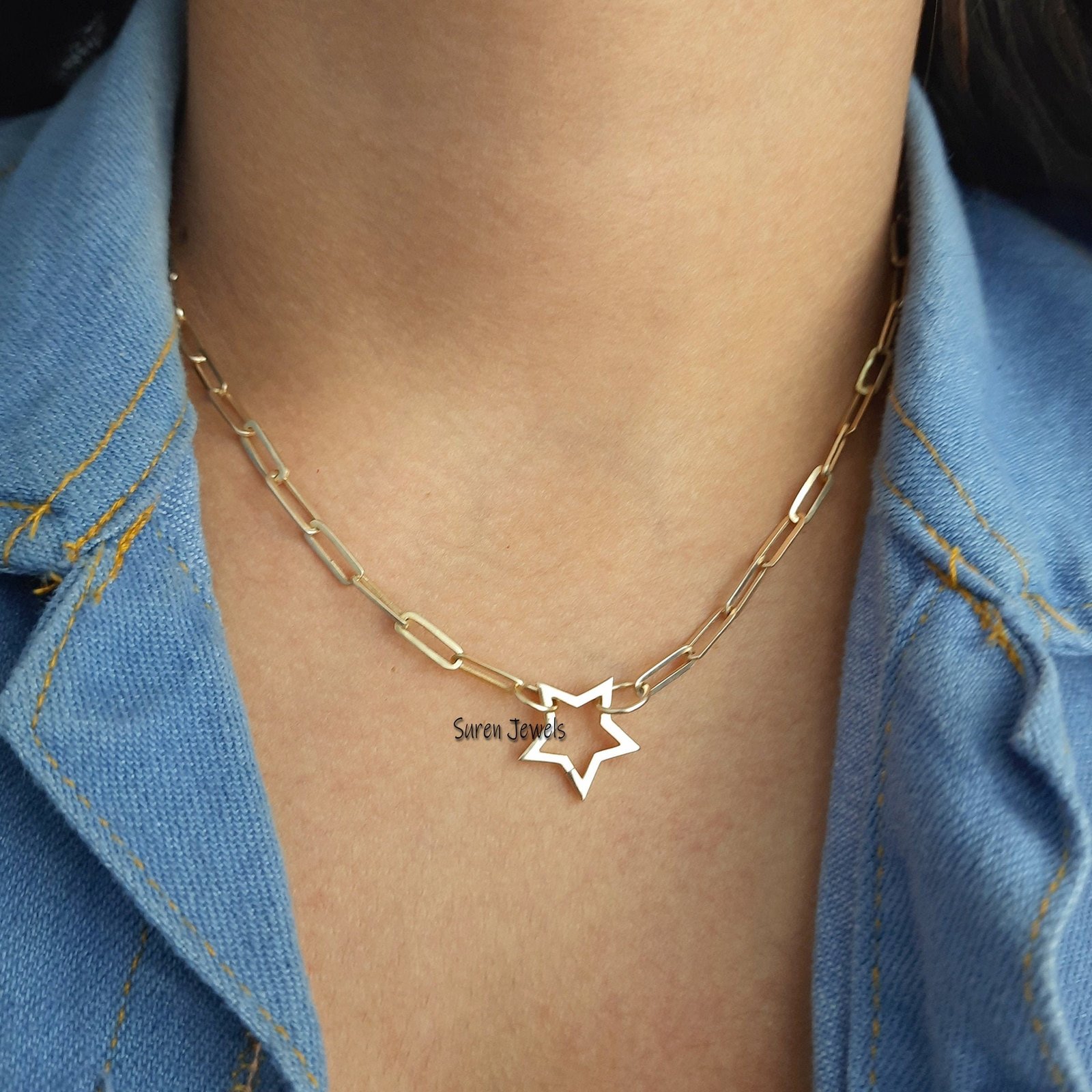 14K Gold Star Charm Enhancer: Push Clasp Necklace Link - View 2 - Suren Jewels | SKU: SJP451-14KYG-N47-18I 14K Gold Star Charm Enhancer: Push Clasp Necklace Link - View 2 - Suren Jewels | SKU: SJP451-14KYG-N47-18I