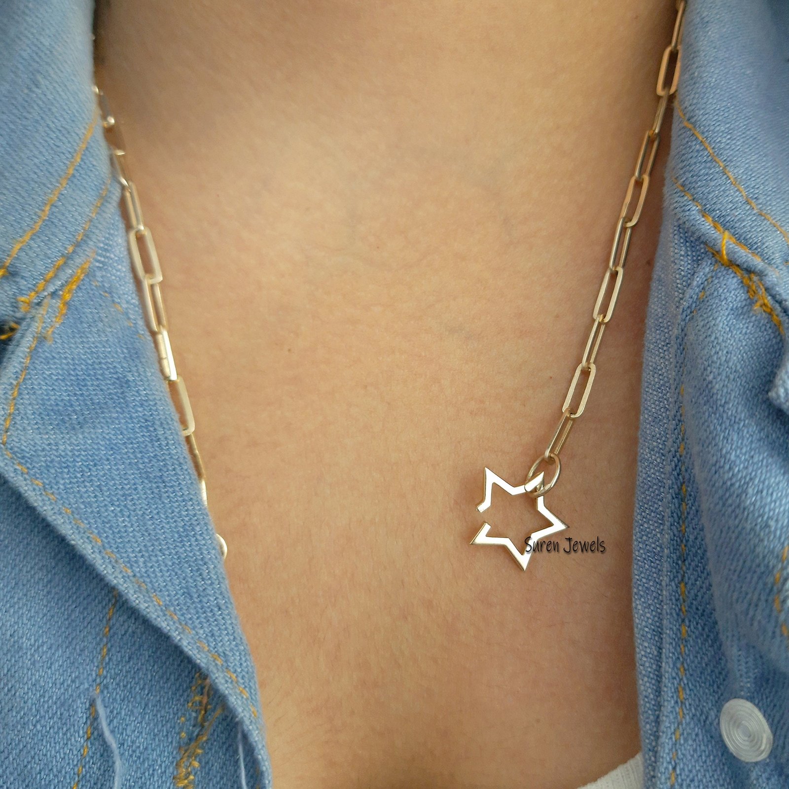 14K Gold Star Charm Enhancer: Push Clasp Necklace Link - View 3 - Suren Jewels | SKU: SJP451-14KYG-N47-18I 14K Gold Star Charm Enhancer: Push Clasp Necklace Link - View 3 - Suren Jewels | SKU: SJP451-14KYG-N47-18I