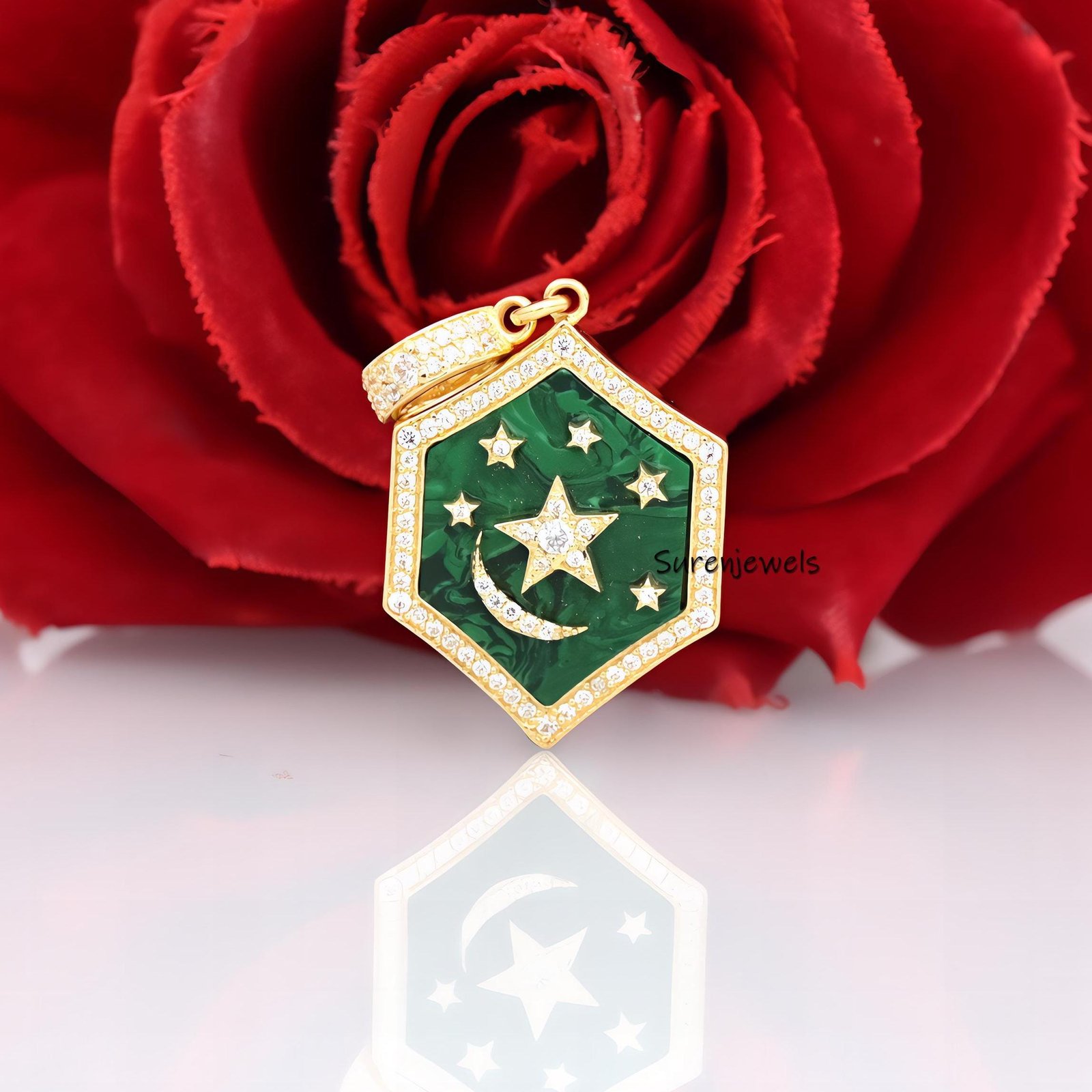 14k Gold Star Moon Hexagon Pendant: Handmade Designer Charm - Suren Jewels | SKU: SJP4189-SLYGMKCZ-25M 14k Gold Star Moon Hexagon Pendant: Handmade Designer Charm - Suren Jewels | SKU: SJP4189-SLYGMKCZ-25M