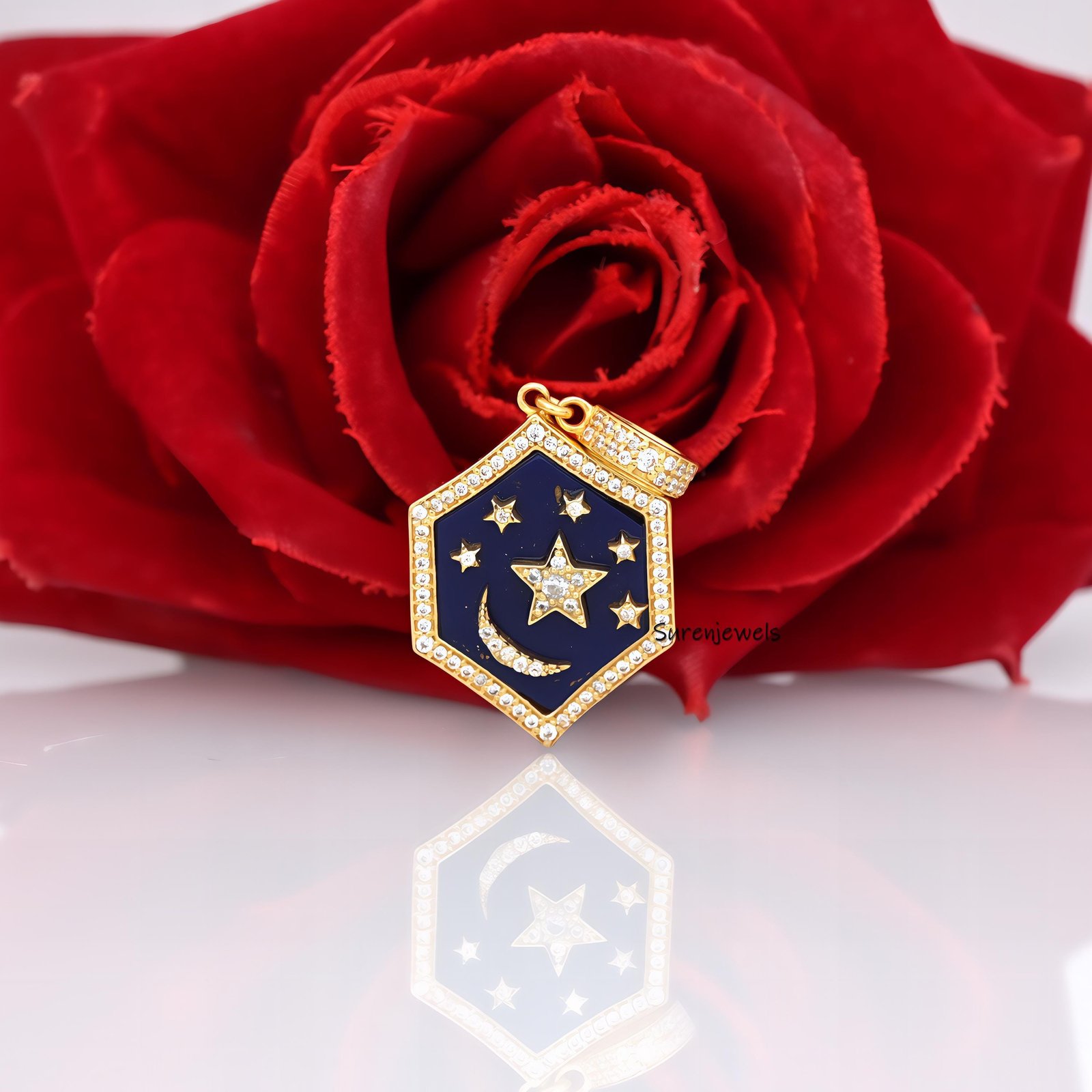14k Gold Star Moon Hexagon Pendant: Handmade Designer Charm - View 2 - Suren Jewels | SKU: SJP4189-SLYGMKCZ-25M 14k Gold Star Moon Hexagon Pendant: Handmade Designer Charm - View 2 - Suren Jewels | SKU: SJP4189-SLYGMKCZ-25M
