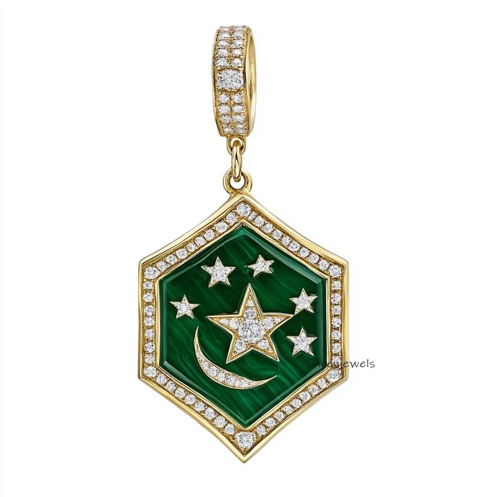 14k Gold Star Moon Hexagon Pendant: Handmade Designer Charm - View 5 - Suren Jewels | SKU: SJP4189-SLYGMKCZ-25M 14k Gold Star Moon Hexagon Pendant: Handmade Designer Charm - View 5 - Suren Jewels | SKU: SJP4189-SLYGMKCZ-25M