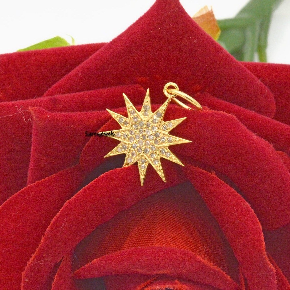 14K Gold Starburst Diamond Pendant - 20mm Gemstone Charm - Suren Jewels | SKU: SJP531-SLYGDI-20M 14K Gold Starburst Diamond Pendant - 20mm Gemstone Charm - Suren Jewels | SKU: SJP531-SLYGDI-20M