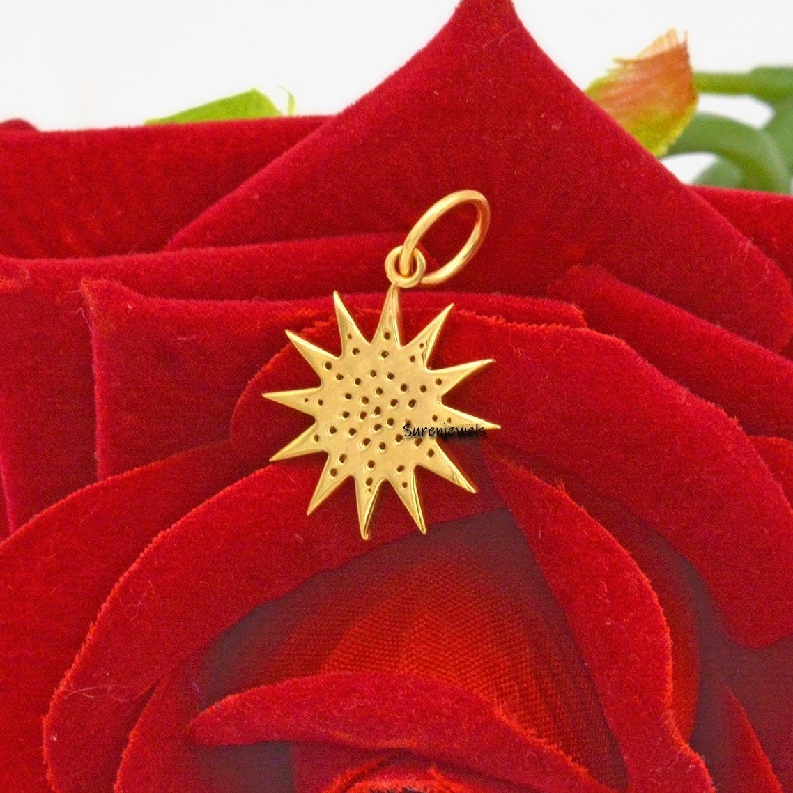 14K Gold Starburst Diamond Pendant - 20mm Gemstone Charm - View 2 - Suren Jewels | SKU: SJP531-SLYGDI-20M 14K Gold Starburst Diamond Pendant - 20mm Gemstone Charm - View 2 - Suren Jewels | SKU: SJP531-SLYGDI-20M