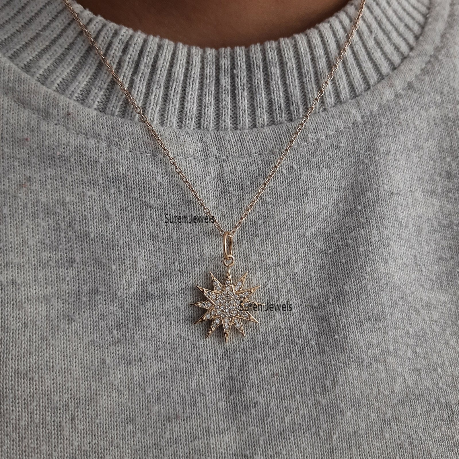 14K Gold Starburst Diamond Pendant - 20mm Gemstone Charm - View 3 - Suren Jewels | SKU: SJP531-SLYGDI-20M 14K Gold Starburst Diamond Pendant - 20mm Gemstone Charm - View 3 - Suren Jewels | SKU: SJP531-SLYGDI-20M