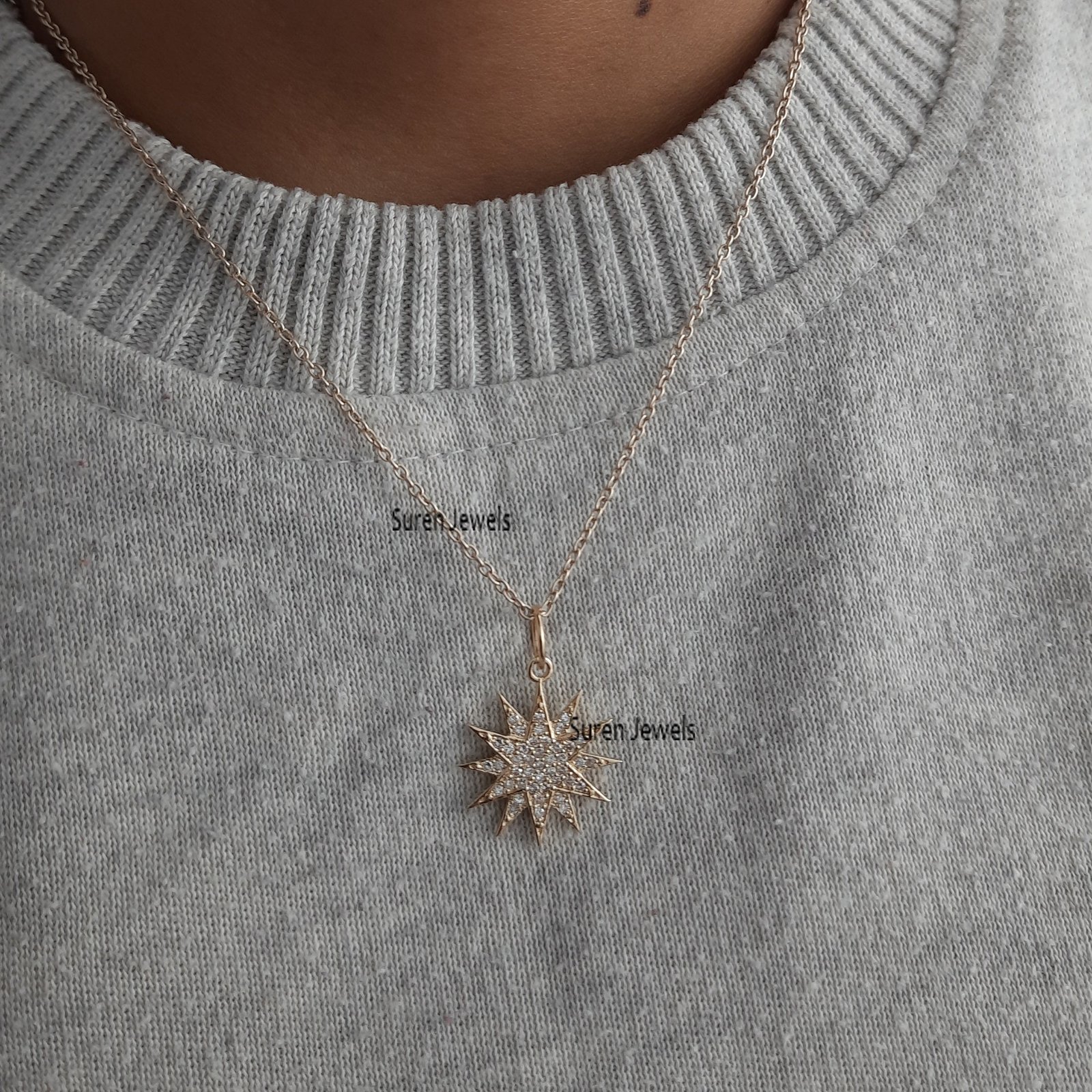 14K Gold Starburst Diamond Pendant - 20mm Gemstone Charm - View 4 - Suren Jewels | SKU: SJP531-SLYGDI-20M 14K Gold Starburst Diamond Pendant - 20mm Gemstone Charm - View 4 - Suren Jewels | SKU: SJP531-SLYGDI-20M