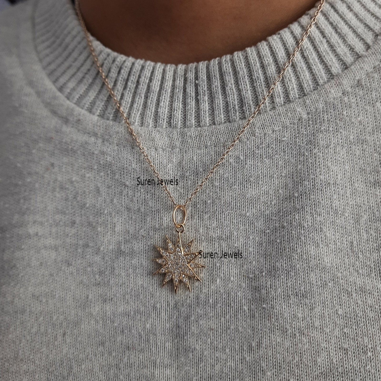 14K Gold Starburst Diamond Pendant - 20mm Gemstone Charm - View 5 - Suren Jewels | SKU: SJP531-SLYGDI-20M 14K Gold Starburst Diamond Pendant - 20mm Gemstone Charm - View 5 - Suren Jewels | SKU: SJP531-SLYGDI-20M