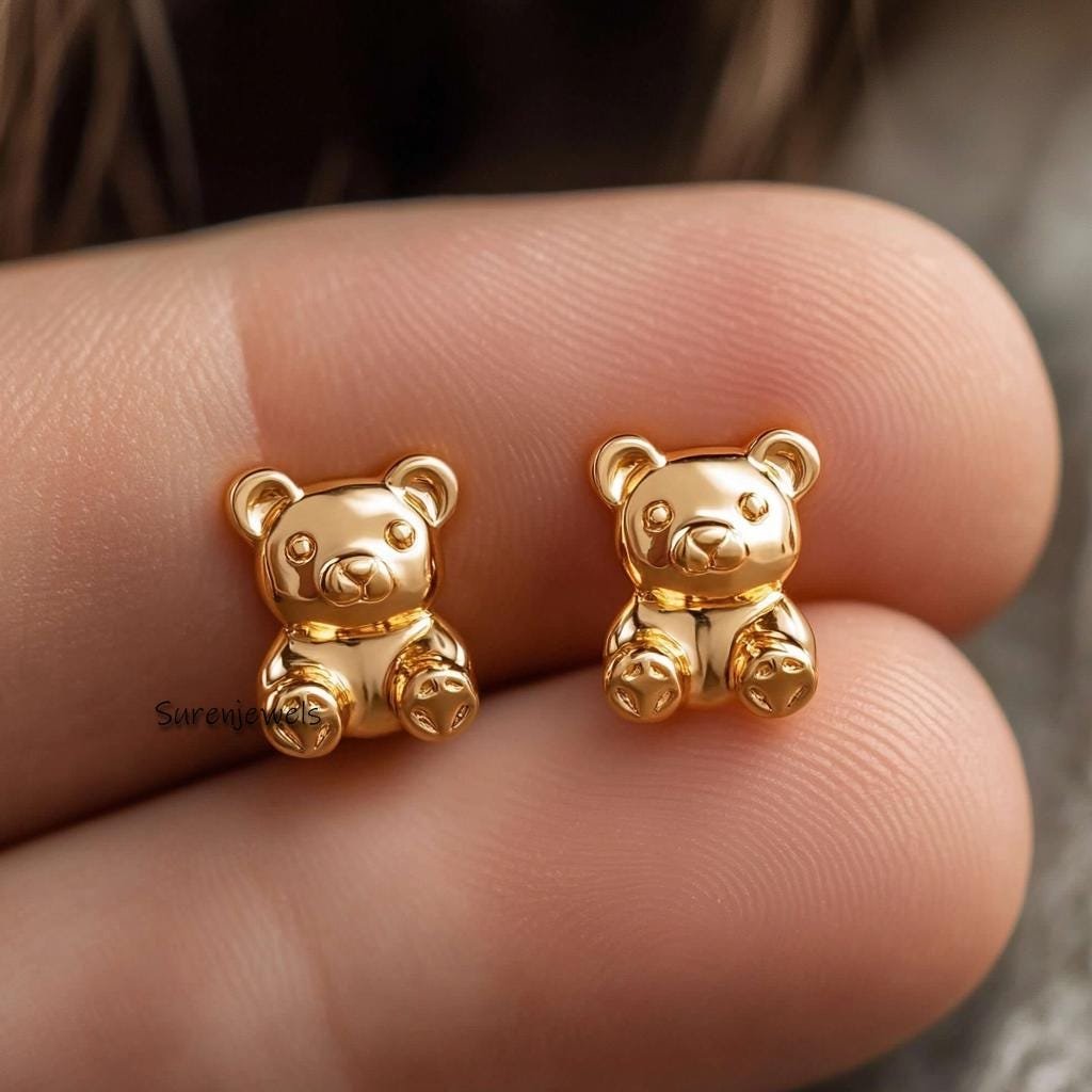 14K Gold Teddy Bear Stud Earrings: Tiny Flat Design - Suren Jewels | SKU: SJE1715-SLYG-10M 14K Gold Teddy Bear Stud Earrings: Tiny Flat Design - Suren Jewels | SKU: SJE1715-SLYG-10M
