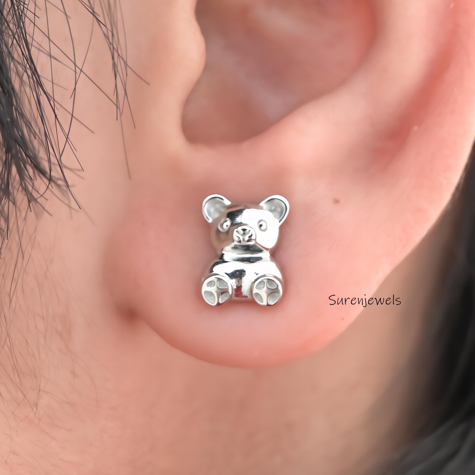 14K Gold Teddy Bear Stud Earrings: Tiny Flat Design - View 2 - Suren Jewels | SKU: SJE1715-SLYG-10M 14K Gold Teddy Bear Stud Earrings: Tiny Flat Design - View 2 - Suren Jewels | SKU: SJE1715-SLYG-10M