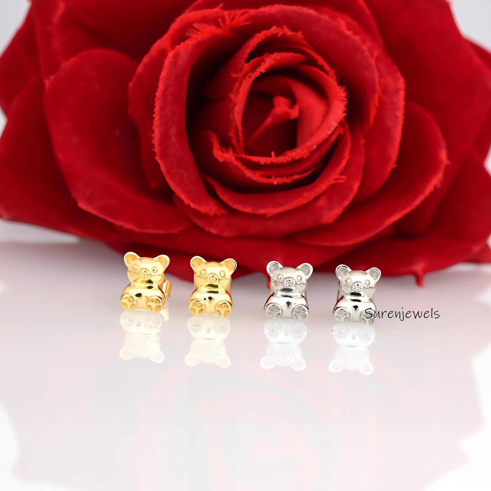 14K Gold Teddy Bear Stud Earrings: Tiny Flat Design - View 3 - Suren Jewels | SKU: SJE1715-SLYG-10M 14K Gold Teddy Bear Stud Earrings: Tiny Flat Design - View 3 - Suren Jewels | SKU: SJE1715-SLYG-10M