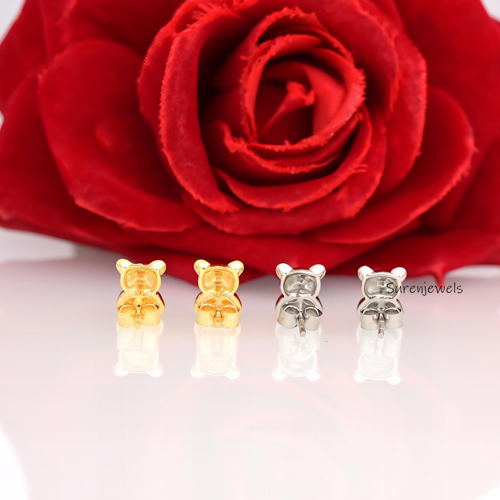 14K Gold Teddy Bear Stud Earrings: Tiny Flat Design - View 4 - Suren Jewels | SKU: SJE1715-SLYG-10M 14K Gold Teddy Bear Stud Earrings: Tiny Flat Design - View 4 - Suren Jewels | SKU: SJE1715-SLYG-10M