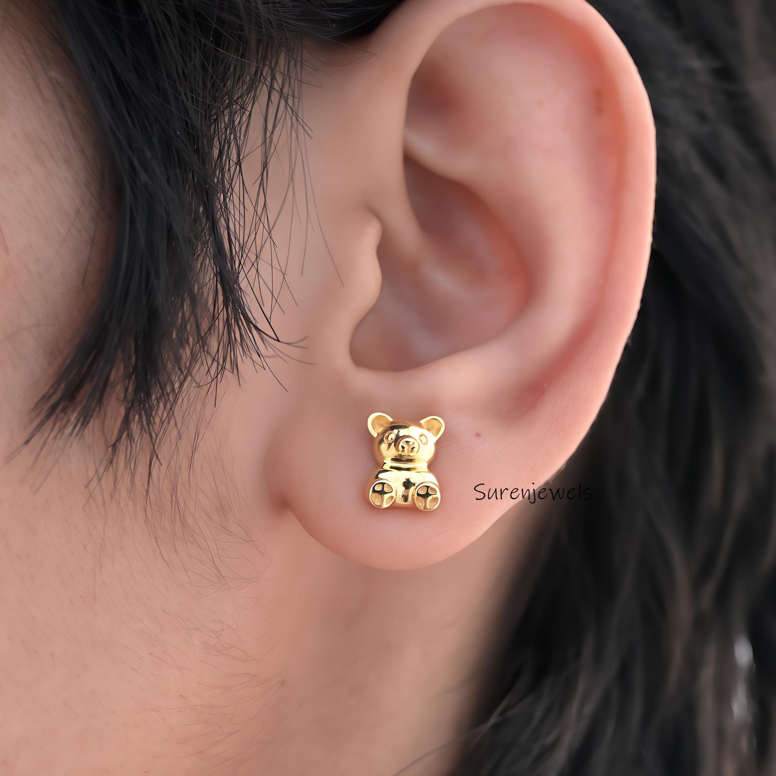14K Gold Teddy Bear Stud Earrings: Tiny Flat Design - View 5 - Suren Jewels | SKU: SJE1715-SLYG-10M 14K Gold Teddy Bear Stud Earrings: Tiny Flat Design - View 5 - Suren Jewels | SKU: SJE1715-SLYG-10M
