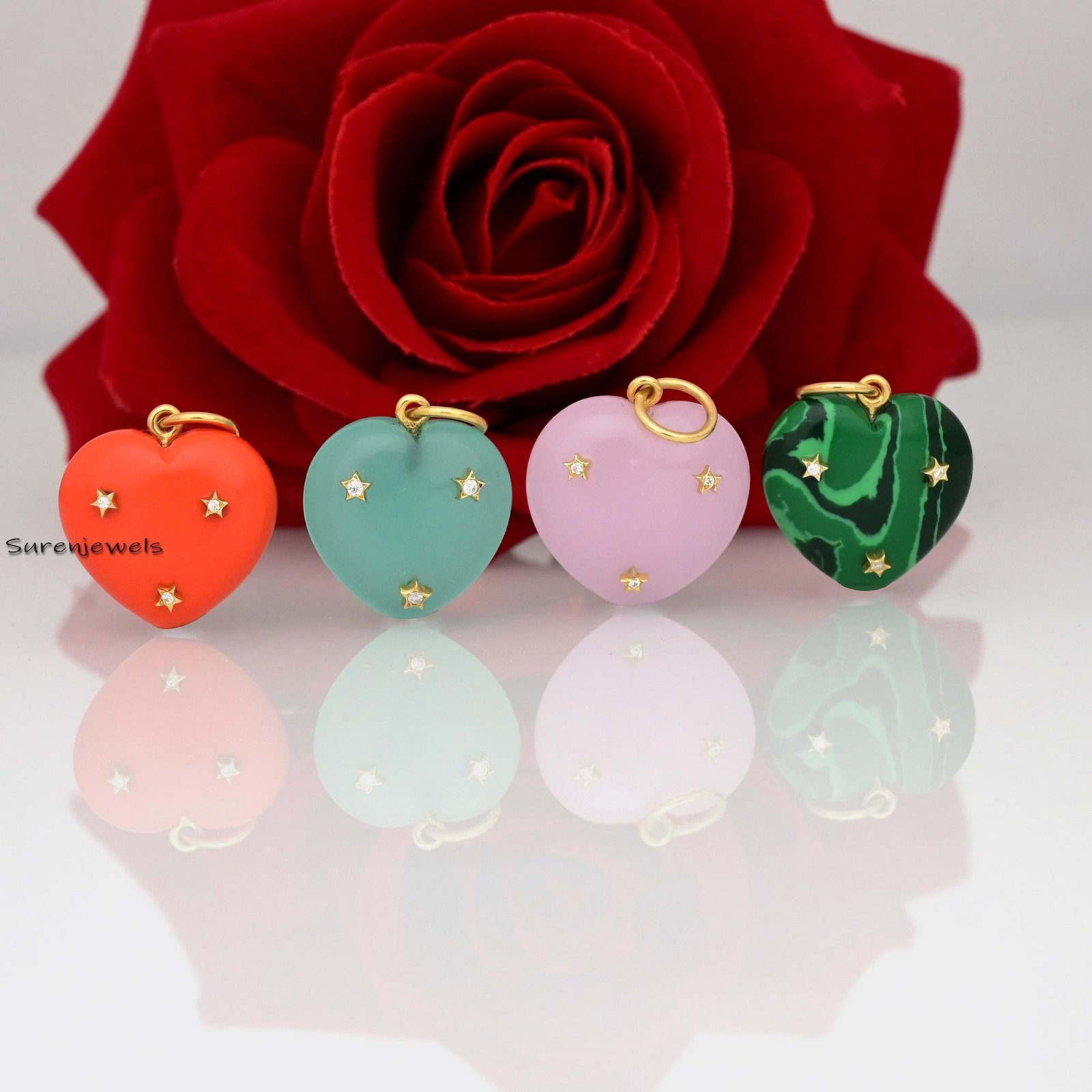 14K Gold Tiny Star Heart Pendant: Turquoise & Moissanite Charm - Suren Jewels | SKU: SJP1450-SLYGCRMN 14K Gold Tiny Star Heart Pendant: Turquoise & Moissanite Charm - Suren Jewels | SKU: SJP1450-SLYGCRMN