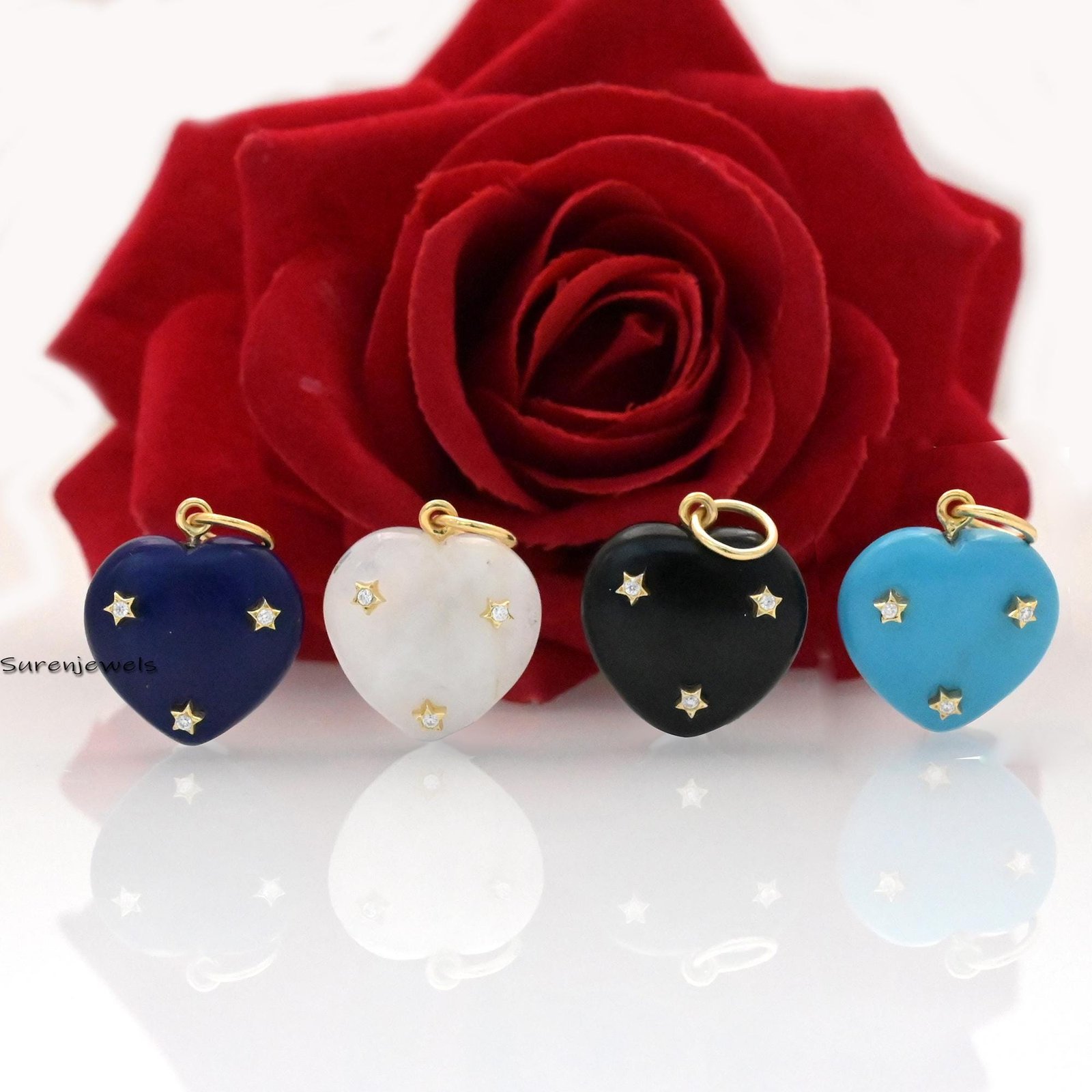 14K Gold Tiny Star Heart Pendant: Turquoise & Moissanite Charm - View 2 - Suren Jewels | SKU: SJP1450-SLYGCRMN 14K Gold Tiny Star Heart Pendant: Turquoise & Moissanite Charm - View 2 - Suren Jewels | SKU: SJP1450-SLYGCRMN