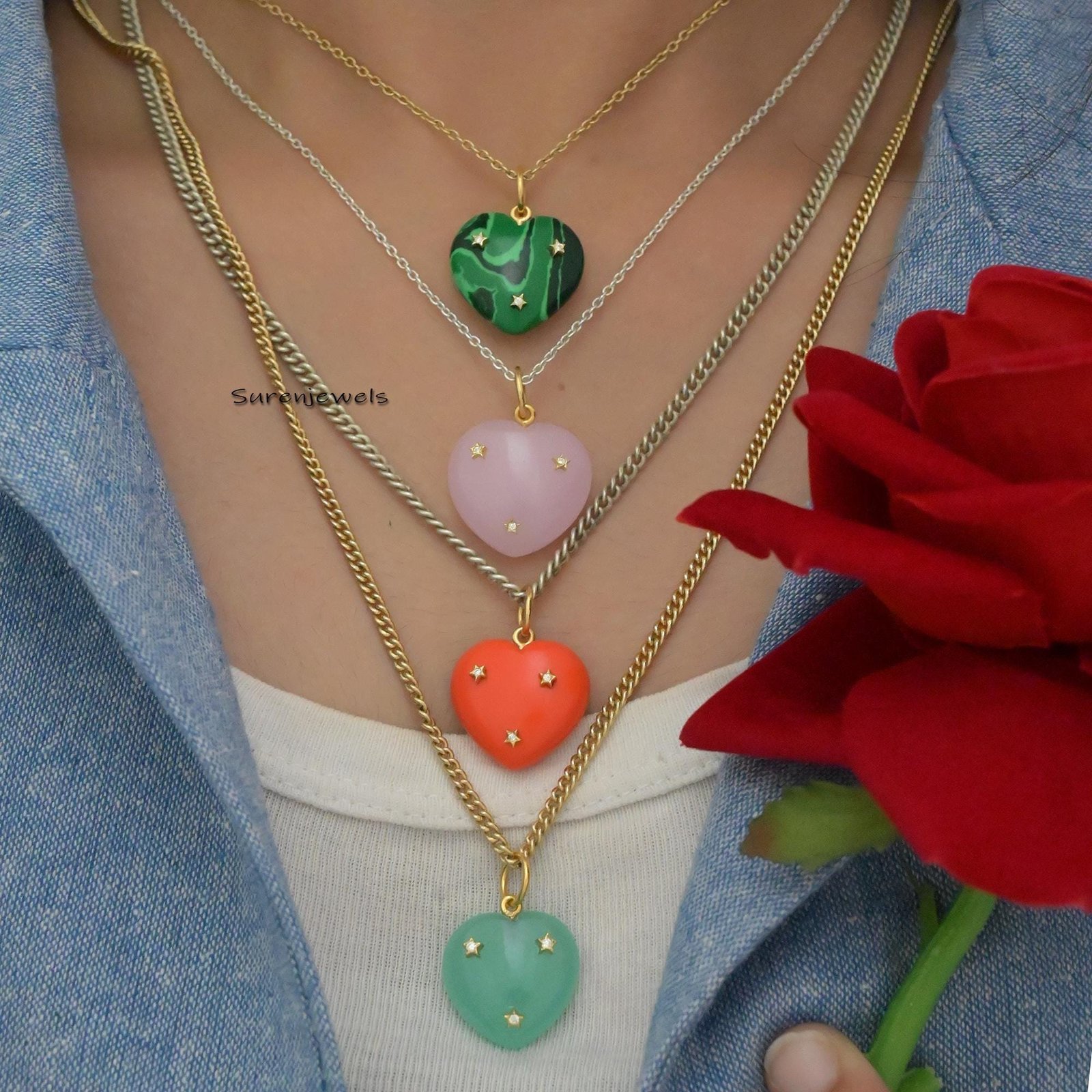 14K Gold Tiny Star Heart Pendant: Turquoise & Moissanite Charm - View 3 - Suren Jewels | SKU: SJP1450-SLYGCRMN 14K Gold Tiny Star Heart Pendant: Turquoise & Moissanite Charm - View 3 - Suren Jewels | SKU: SJP1450-SLYGCRMN