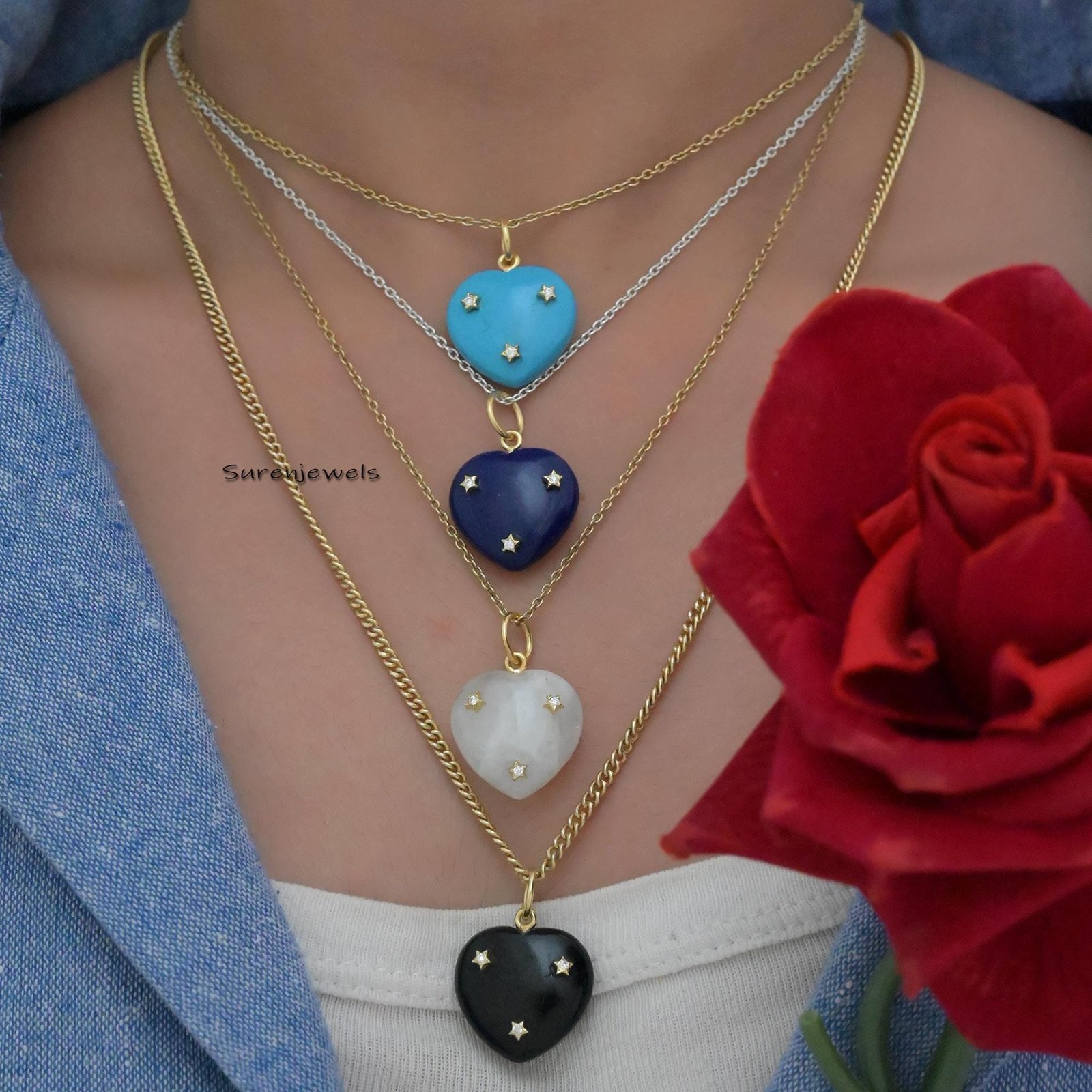 14K Gold Tiny Star Heart Pendant: Turquoise & Moissanite Charm - View 4 - Suren Jewels | SKU: SJP1450-SLYGCRMN 14K Gold Tiny Star Heart Pendant: Turquoise & Moissanite Charm - View 4 - Suren Jewels | SKU: SJP1450-SLYGCRMN