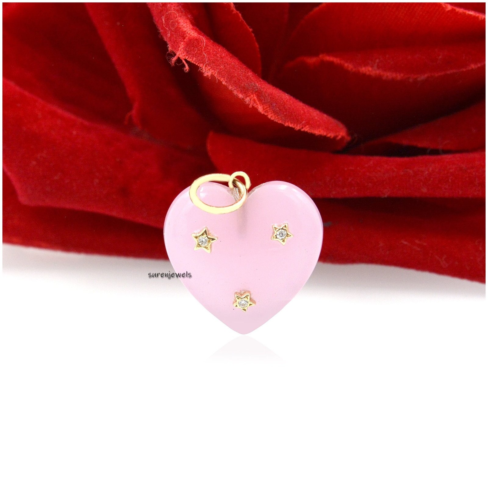 14K Gold Tiny Star Heart Pendant: Turquoise & Moissanite Charm - View 5 - Suren Jewels | SKU: SJP1450-SLYGCRMN 14K Gold Tiny Star Heart Pendant: Turquoise & Moissanite Charm - View 5 - Suren Jewels | SKU: SJP1450-SLYGCRMN