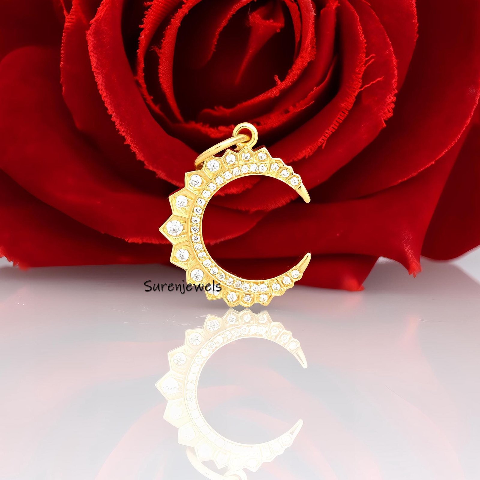 14k Gold Turquoise Crescent Pendant: Silver Diamond Moon Charm - Suren Jewels | SKU: SJP1298-SLYGCZPL 14k Gold Turquoise Crescent Pendant: Silver Diamond Moon Charm - Suren Jewels | SKU: SJP1298-SLYGCZPL