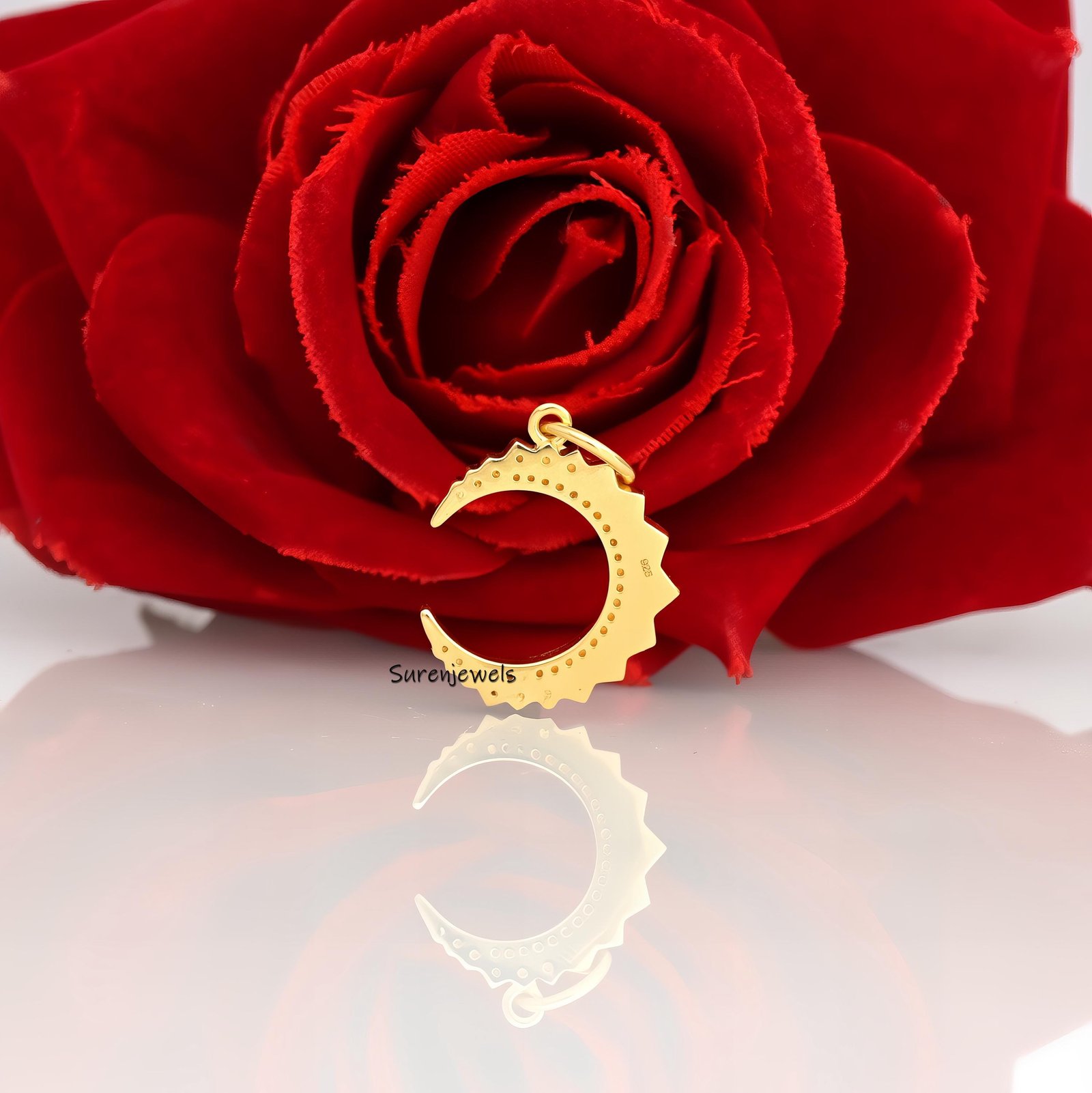 14k Gold Turquoise Crescent Pendant: Silver Diamond Moon Charm - View 2 - Suren Jewels | SKU: SJP1298-SLYGCZPL 14k Gold Turquoise Crescent Pendant: Silver Diamond Moon Charm - View 2 - Suren Jewels | SKU: SJP1298-SLYGCZPL