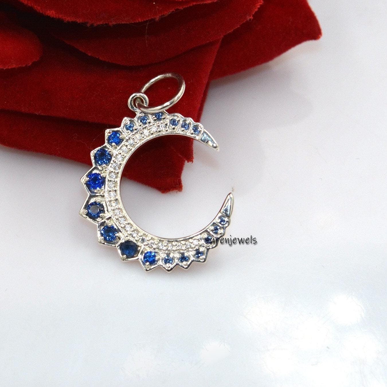 14k Gold Turquoise Crescent Pendant: Silver Diamond Moon Charm - View 3 - Suren Jewels | SKU: SJP1298-SLYGCZPL 14k Gold Turquoise Crescent Pendant: Silver Diamond Moon Charm - View 3 - Suren Jewels | SKU: SJP1298-SLYGCZPL