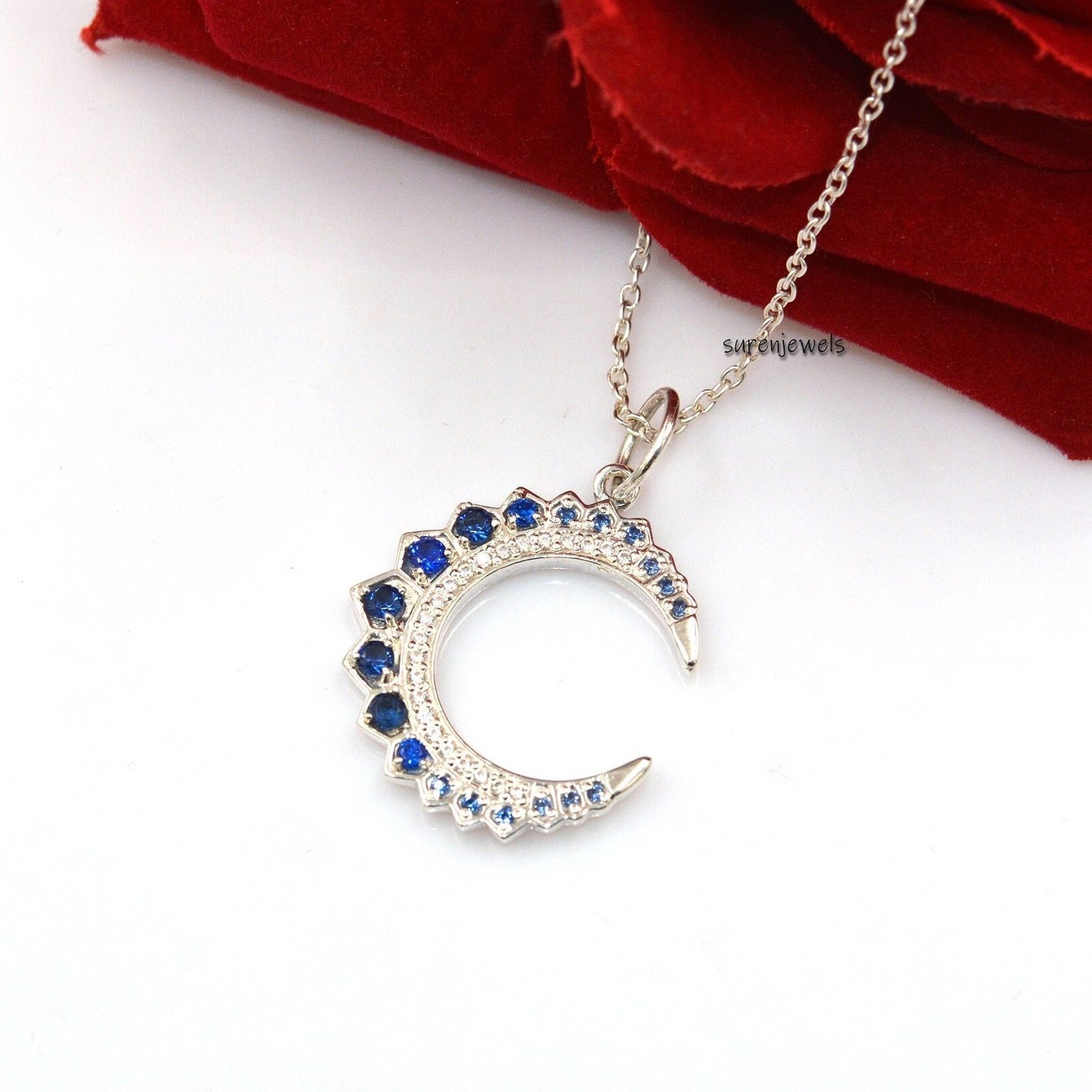 14k Gold Turquoise Crescent Pendant: Silver Diamond Moon Charm - View 4 - Suren Jewels | SKU: SJP1298-SLYGCZPL 14k Gold Turquoise Crescent Pendant: Silver Diamond Moon Charm - View 4 - Suren Jewels | SKU: SJP1298-SLYGCZPL