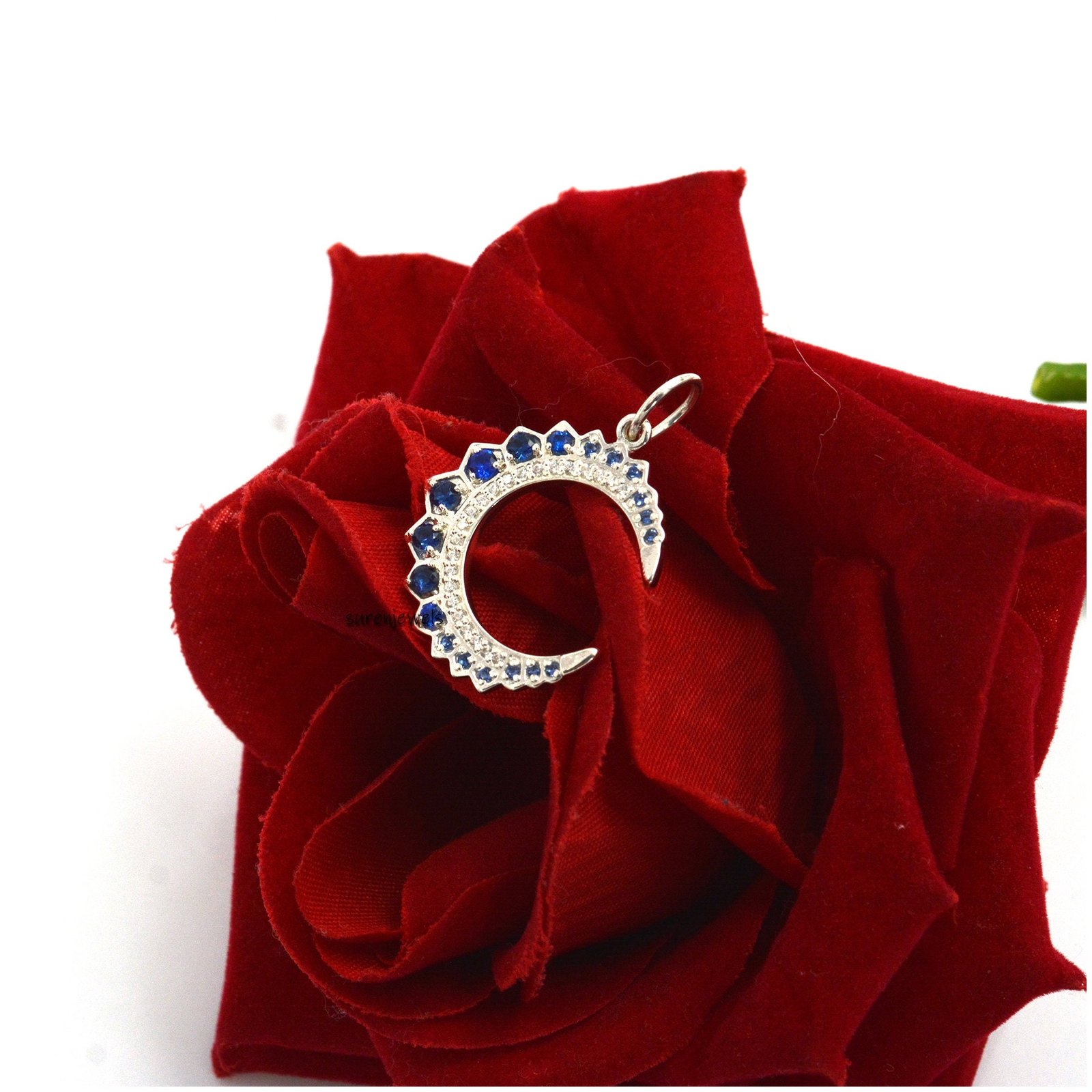 14k Gold Turquoise Crescent Pendant: Silver Diamond Moon Charm - View 6 - Suren Jewels | SKU: SJP1298-SLYGCZPL 14k Gold Turquoise Crescent Pendant: Silver Diamond Moon Charm - View 6 - Suren Jewels | SKU: SJP1298-SLYGCZPL