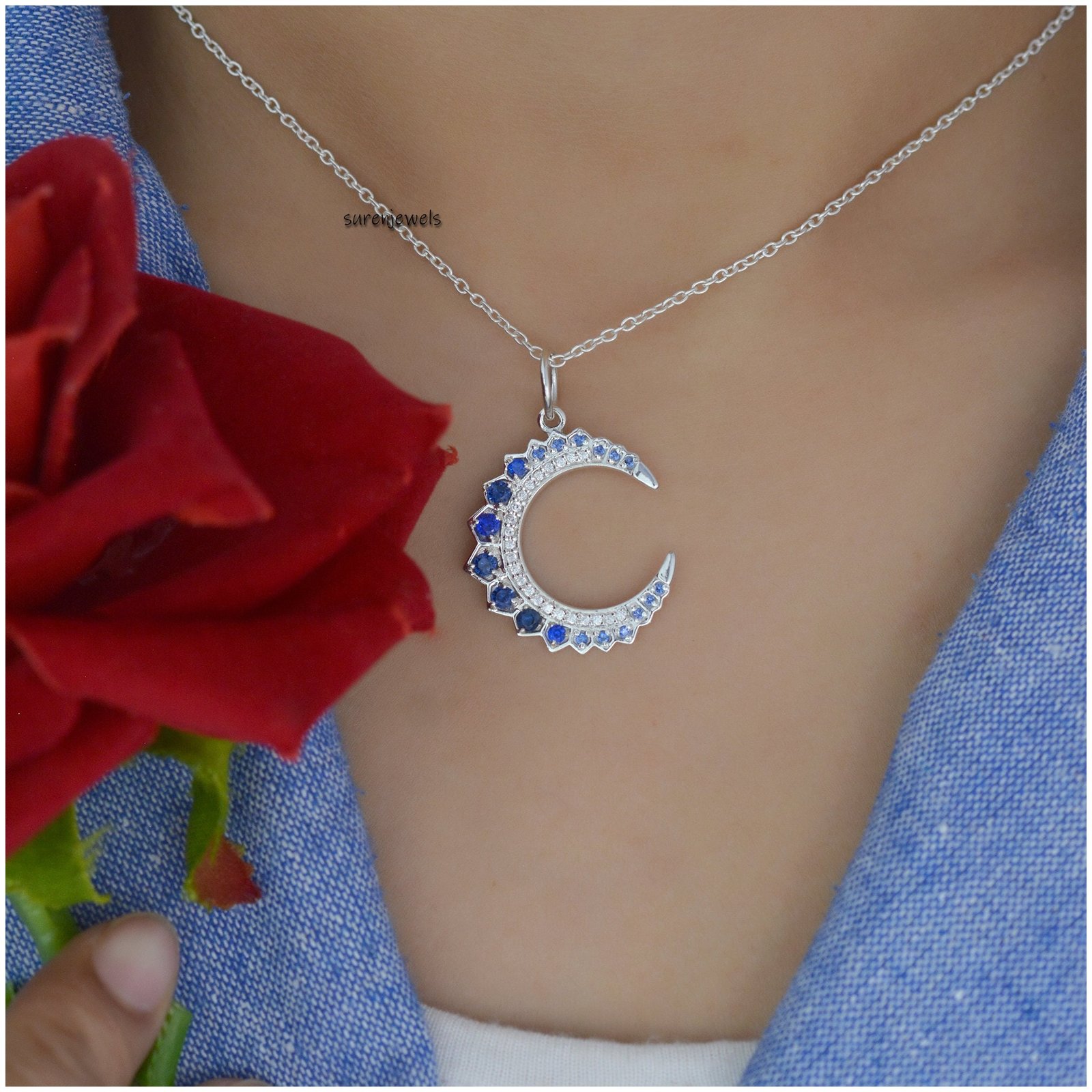14k Gold Turquoise Crescent Pendant: Silver Diamond Moon Charm - View 7 - Suren Jewels | SKU: SJP1298-SLYGCZPL 14k Gold Turquoise Crescent Pendant: Silver Diamond Moon Charm - View 7 - Suren Jewels | SKU: SJP1298-SLYGCZPL