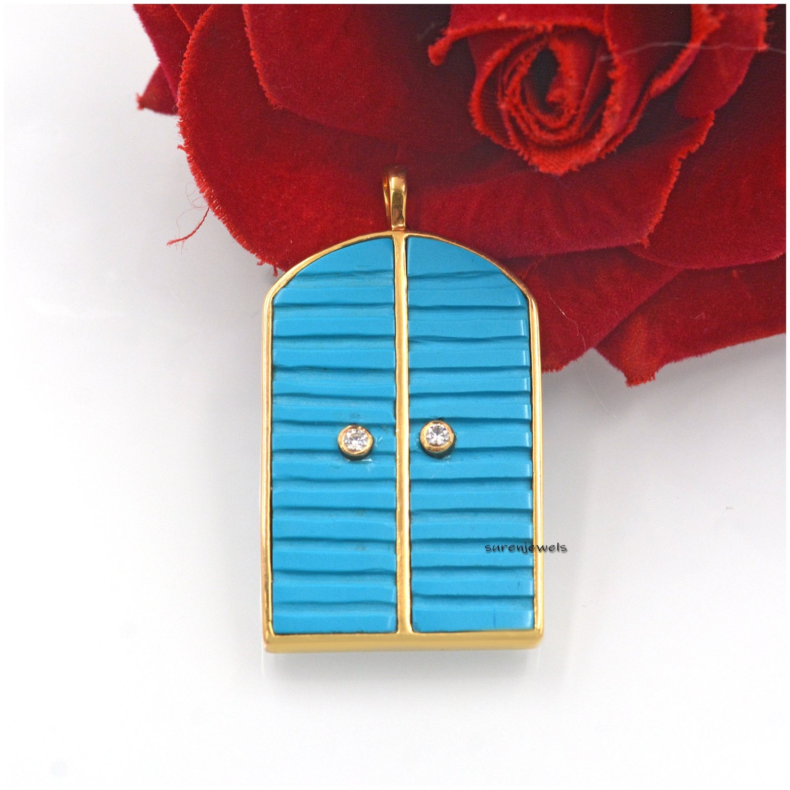 14k Gold Turquoise Door Pendant: Carved Gemstone, Handmade - Suren Jewels | SKU: SJP1045-SLYGDITE 14k Gold Turquoise Door Pendant: Carved Gemstone, Handmade - Suren Jewels | SKU: SJP1045-SLYGDITE