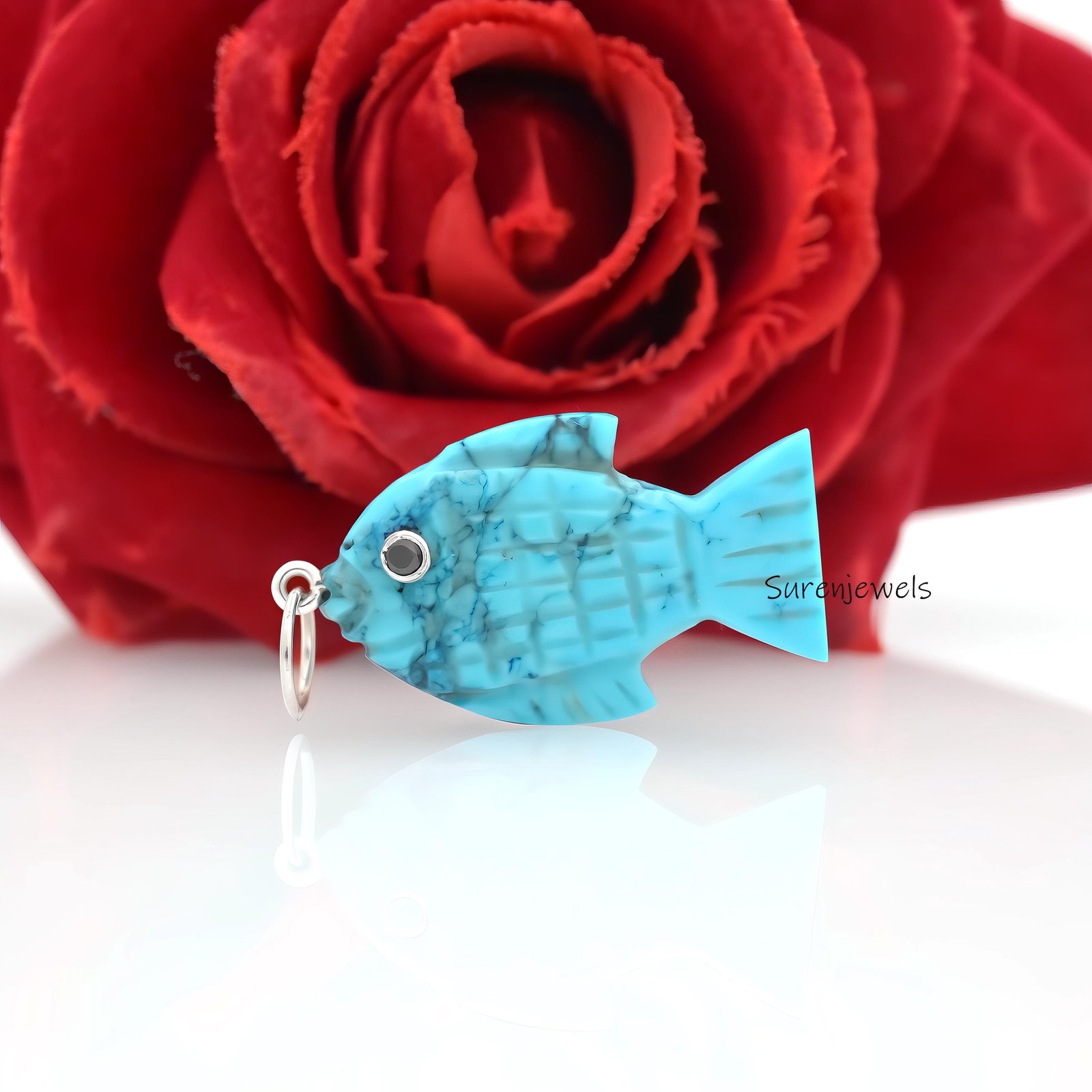 14k Gold Turquoise Fish Pendant: Designer Animal Charm - View 2 - Suren Jewels | SKU: SJP4532-SLNSTQBKCZ-30M 14k Gold Turquoise Fish Pendant: Designer Animal Charm - View 2 - Suren Jewels | SKU: SJP4532-SLNSTQBKCZ-30M