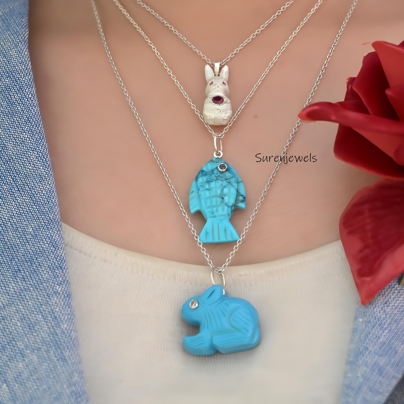 14k Gold Turquoise Fish Pendant: Designer Animal Charm - View 3 - Suren Jewels | SKU: SJP4532-SLNSTQBKCZ-30M 14k Gold Turquoise Fish Pendant: Designer Animal Charm - View 3 - Suren Jewels | SKU: SJP4532-SLNSTQBKCZ-30M