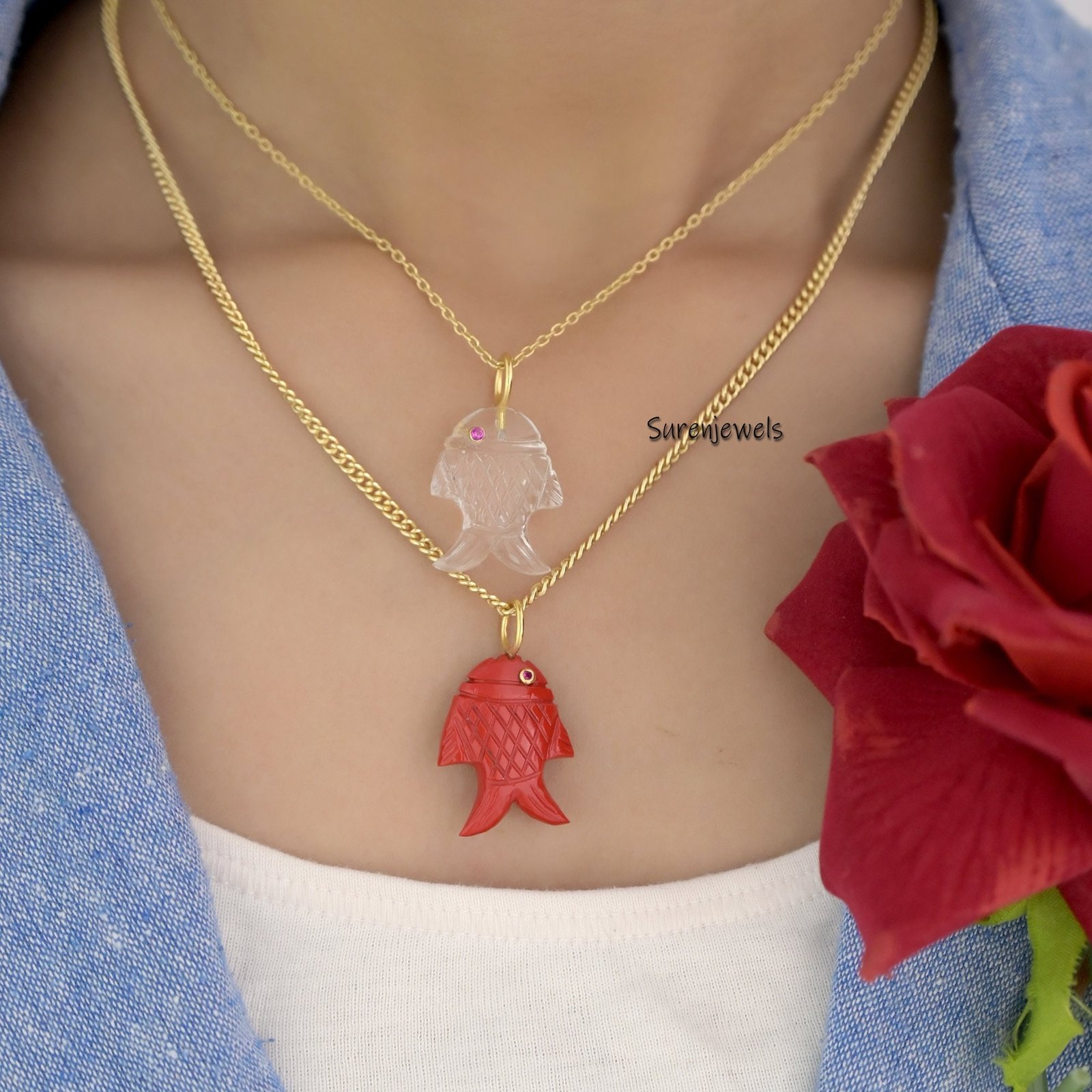 14K Gold Turquoise Fish Pendant: Lucky Carved Fish Charm - View 2 - Suren Jewels | SKU: SJP1634 14K Gold Turquoise Fish Pendant: Lucky Carved Fish Charm - View 2 - Suren Jewels | SKU: SJP1634