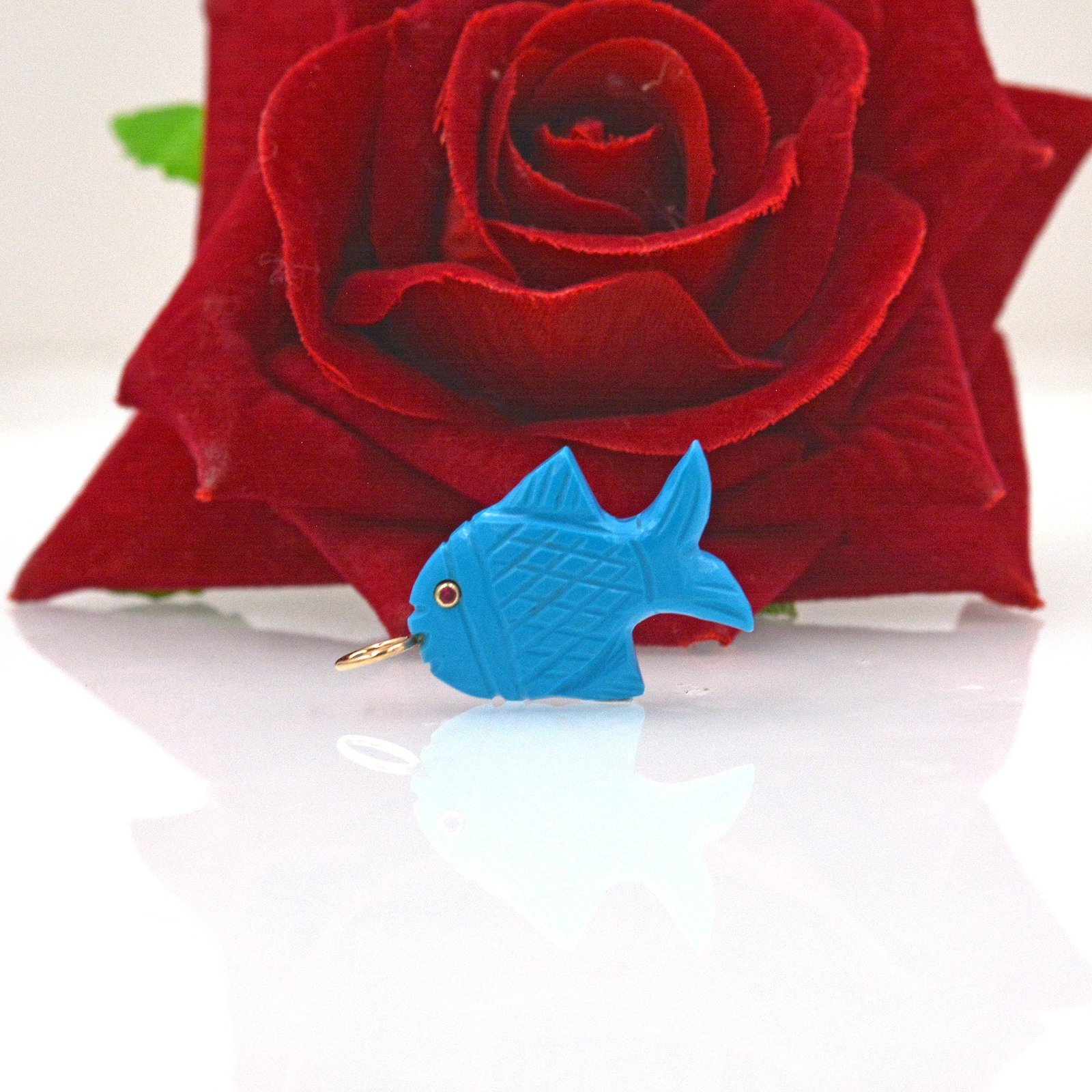14K Gold Turquoise Fish Pendant: Lucky Carved Fish Charm - View 3 - Suren Jewels | SKU: SJP1634 14K Gold Turquoise Fish Pendant: Lucky Carved Fish Charm - View 3 - Suren Jewels | SKU: SJP1634
