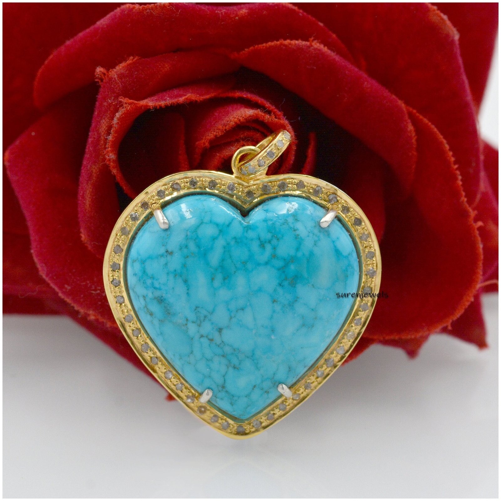 14K Gold Turquoise Heart Pendant: Diamond Accent, Sterling Silver - Suren Jewels | SKU: SJP1466-SLYGDITQ-35M 14K Gold Turquoise Heart Pendant: Diamond Accent, Sterling Silver - Suren Jewels | SKU: SJP1466-SLYGDITQ-35M