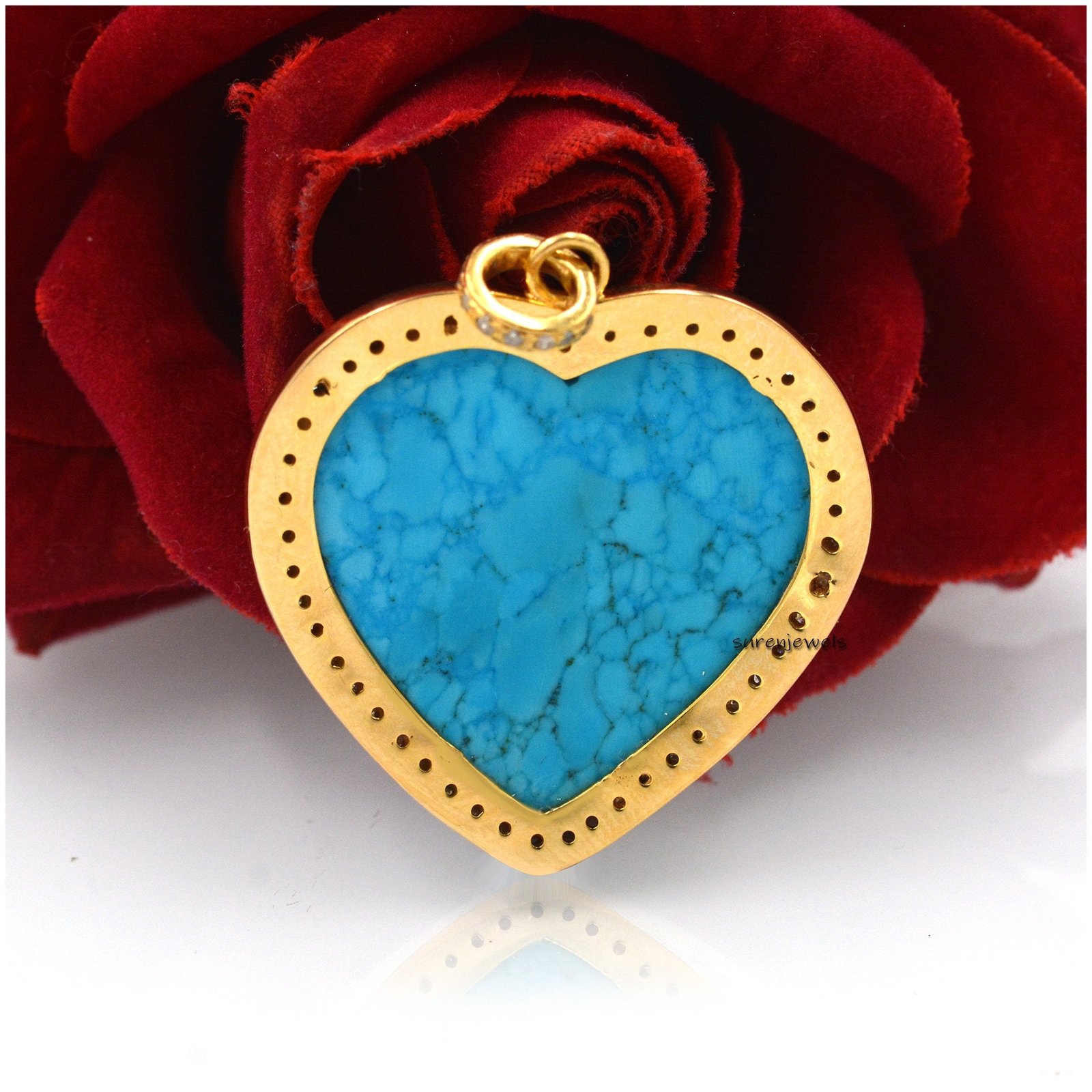 14K Gold Turquoise Heart Pendant: Diamond Accent, Sterling Silver - View 2 - Suren Jewels | SKU: SJP1466-SLYGDITQ-35M 14K Gold Turquoise Heart Pendant: Diamond Accent, Sterling Silver - View 2 - Suren Jewels | SKU: SJP1466-SLYGDITQ-35M