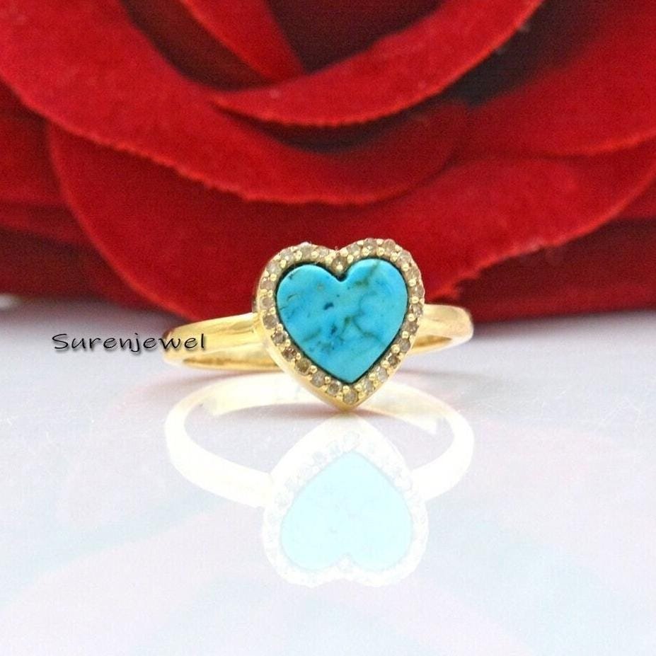 14K Gold Turquoise Heart Ring with Diamond Side Stone - Suren Jewels | SKU: SJR838-SLYGDITQ-US-9 14K Gold Turquoise Heart Ring with Diamond Side Stone - Suren Jewels | SKU: SJR838-SLYGDITQ-US-9