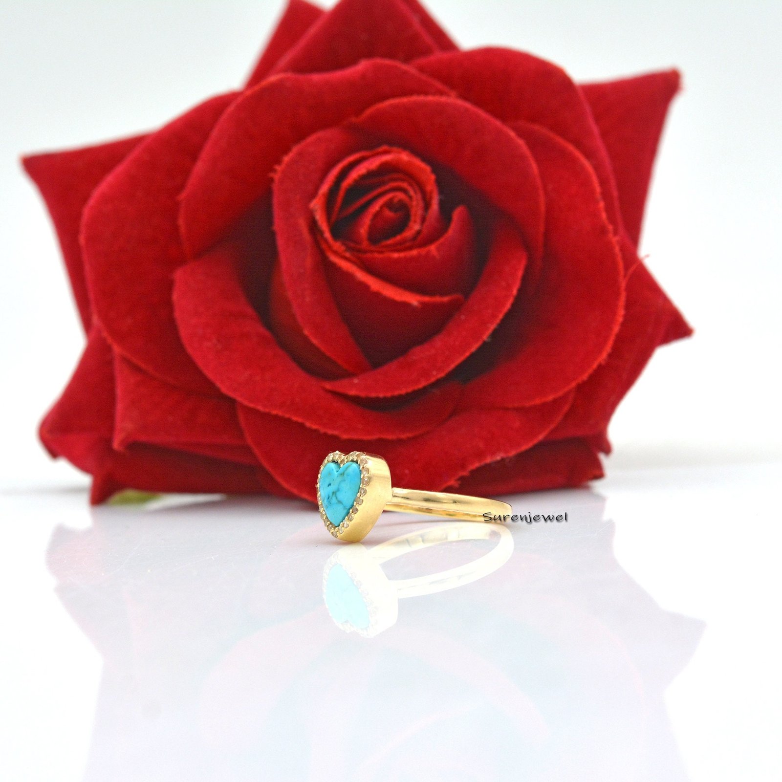 14K Gold Turquoise Heart Ring with Diamond Side Stone - View 2 - Suren Jewels | SKU: SJR838-SLYGDITQ-US-9 14K Gold Turquoise Heart Ring with Diamond Side Stone - View 2 - Suren Jewels | SKU: SJR838-SLYGDITQ-US-9