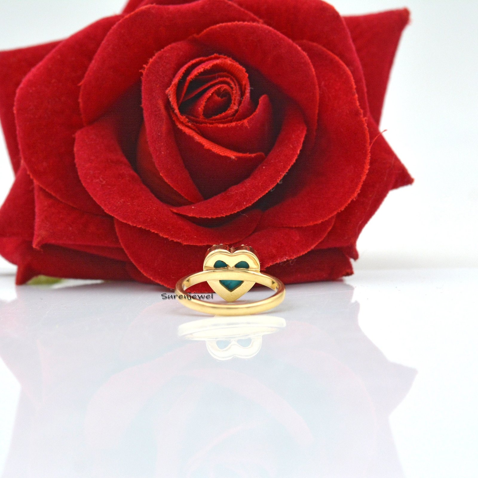 14K Gold Turquoise Heart Ring with Diamond Side Stone - View 3 - Suren Jewels | SKU: SJR838-SLYGDITQ-US-9 14K Gold Turquoise Heart Ring with Diamond Side Stone - View 3 - Suren Jewels | SKU: SJR838-SLYGDITQ-US-9