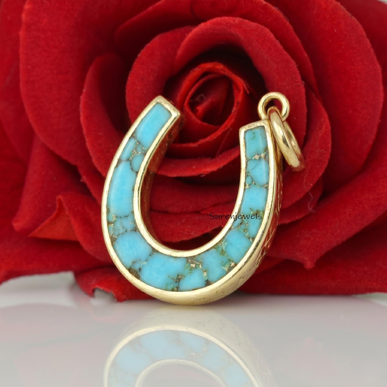 14k Gold Turquoise Horseshoe Pendant, Carved Handmade Horseshoe Pendant jewelry - Suren Jewels | SKU: SJP 14k Gold Turquoise Horseshoe Pendant, Carved Handmade Horseshoe Pendant jewelry - Suren Jewels | SKU: SJP
