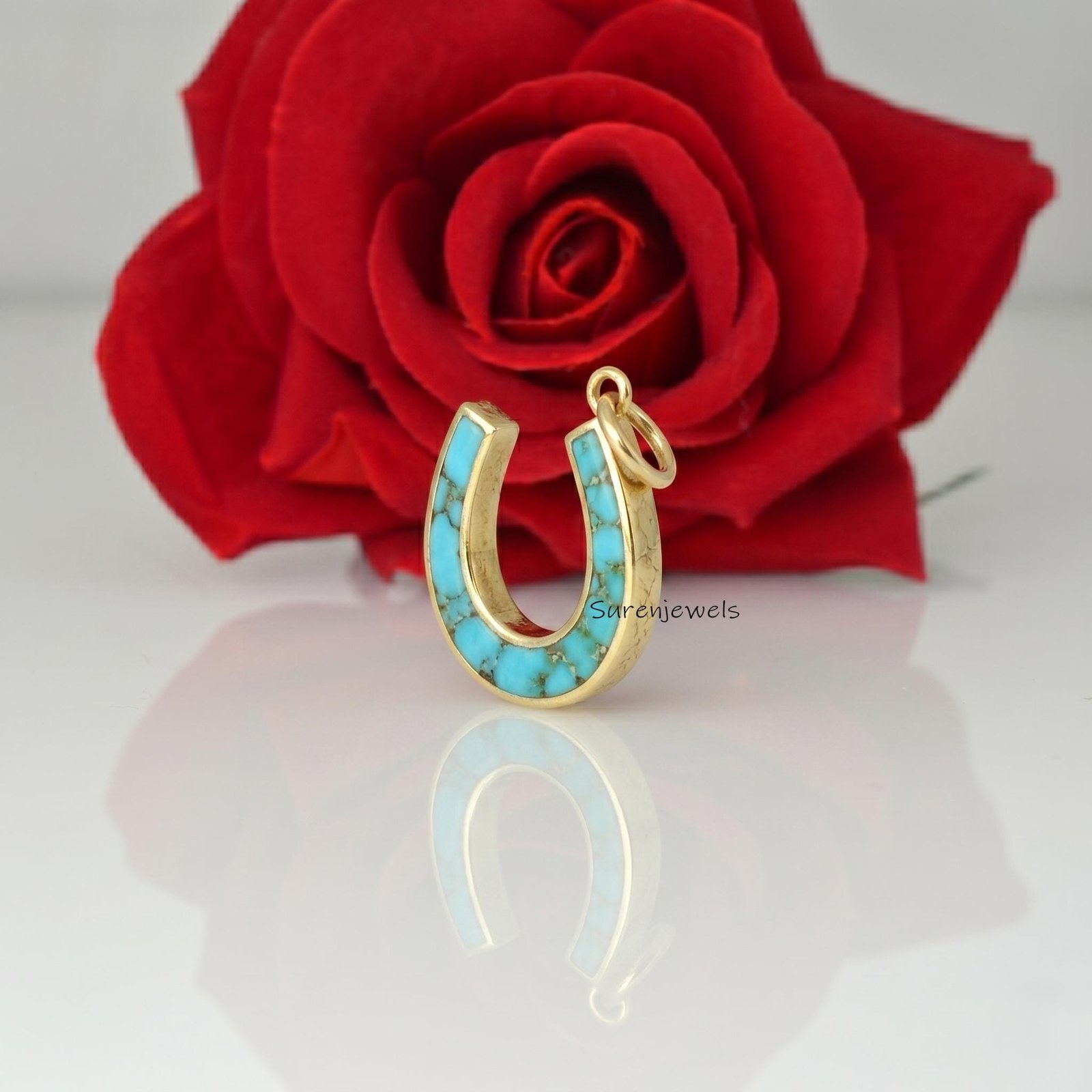 14k Gold Turquoise Horseshoe Pendant, Carved Handmade Horseshoe Pendant jewelry - View 2 - Suren Jewels | SKU: SJP 14k Gold Turquoise Horseshoe Pendant, Carved Handmade Horseshoe Pendant jewelry - View 2 - Suren Jewels | SKU: SJP